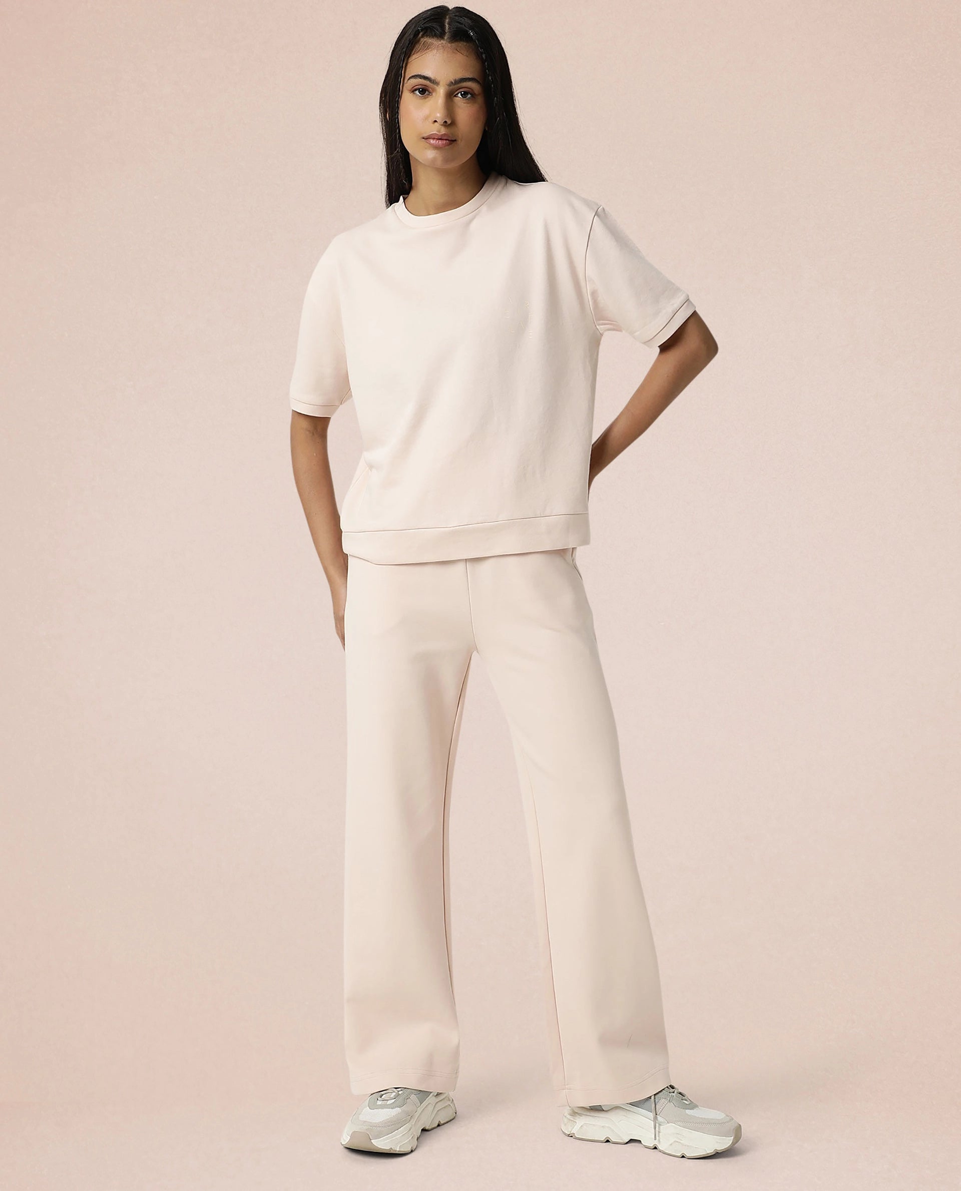 Rareism Women Coco Pink Cotton Fabric Half Sleeves Relaxed Fit Solid Round Neck Sweat Tee