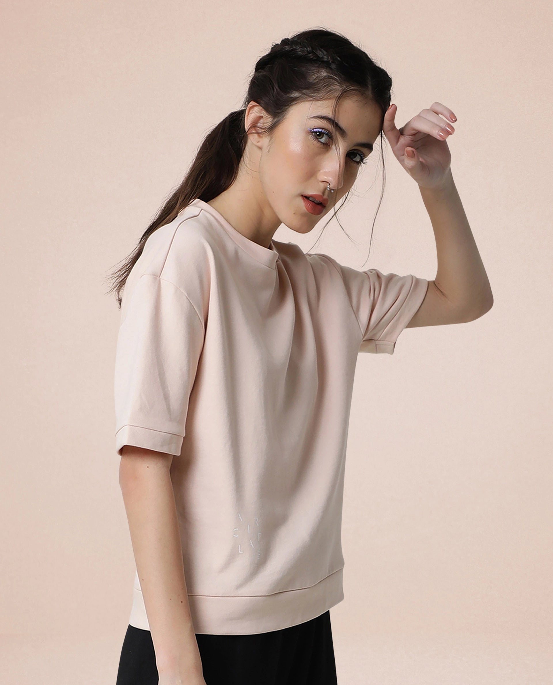 Rareism Women Coco Pink Cotton Fabric Half Sleeves Relaxed Fit Solid Round Neck Sweat Tee