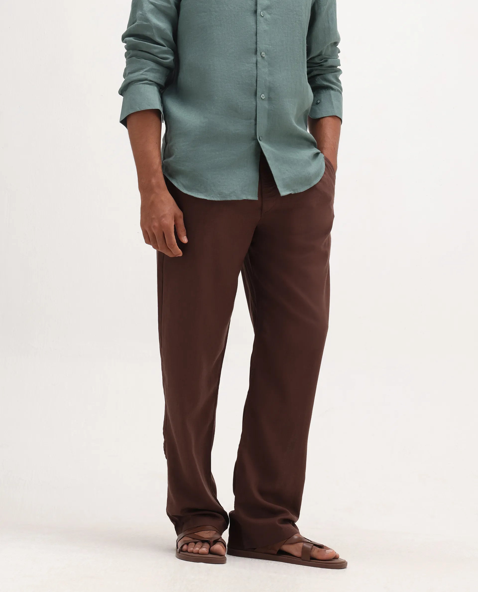 Rare Rabbit Men's Coft-B Brown Linen Blend Plain Loose Fit Trouser