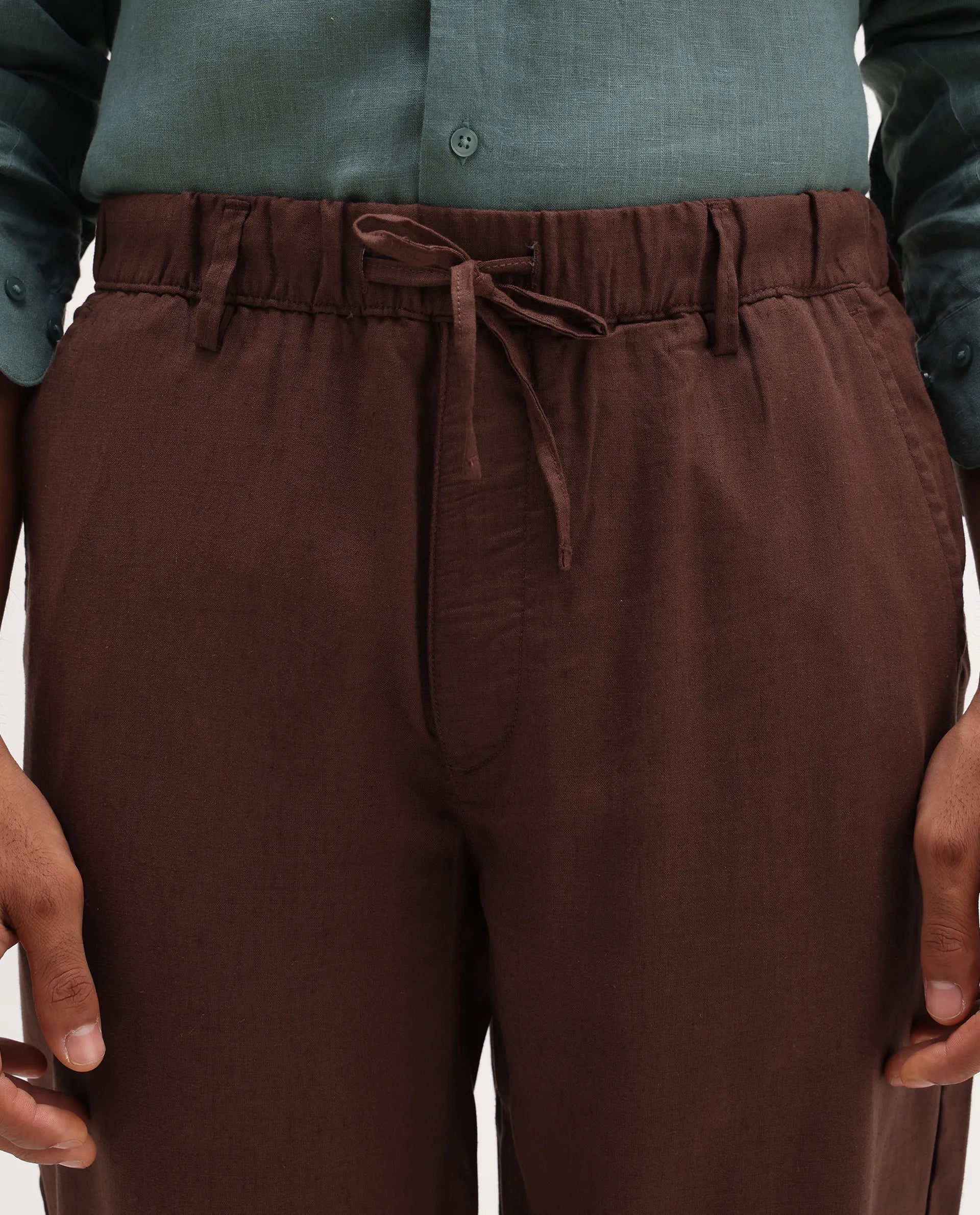 Rare Rabbit Men's Coft-B Brown Linen Blend Plain Loose Fit Trouser