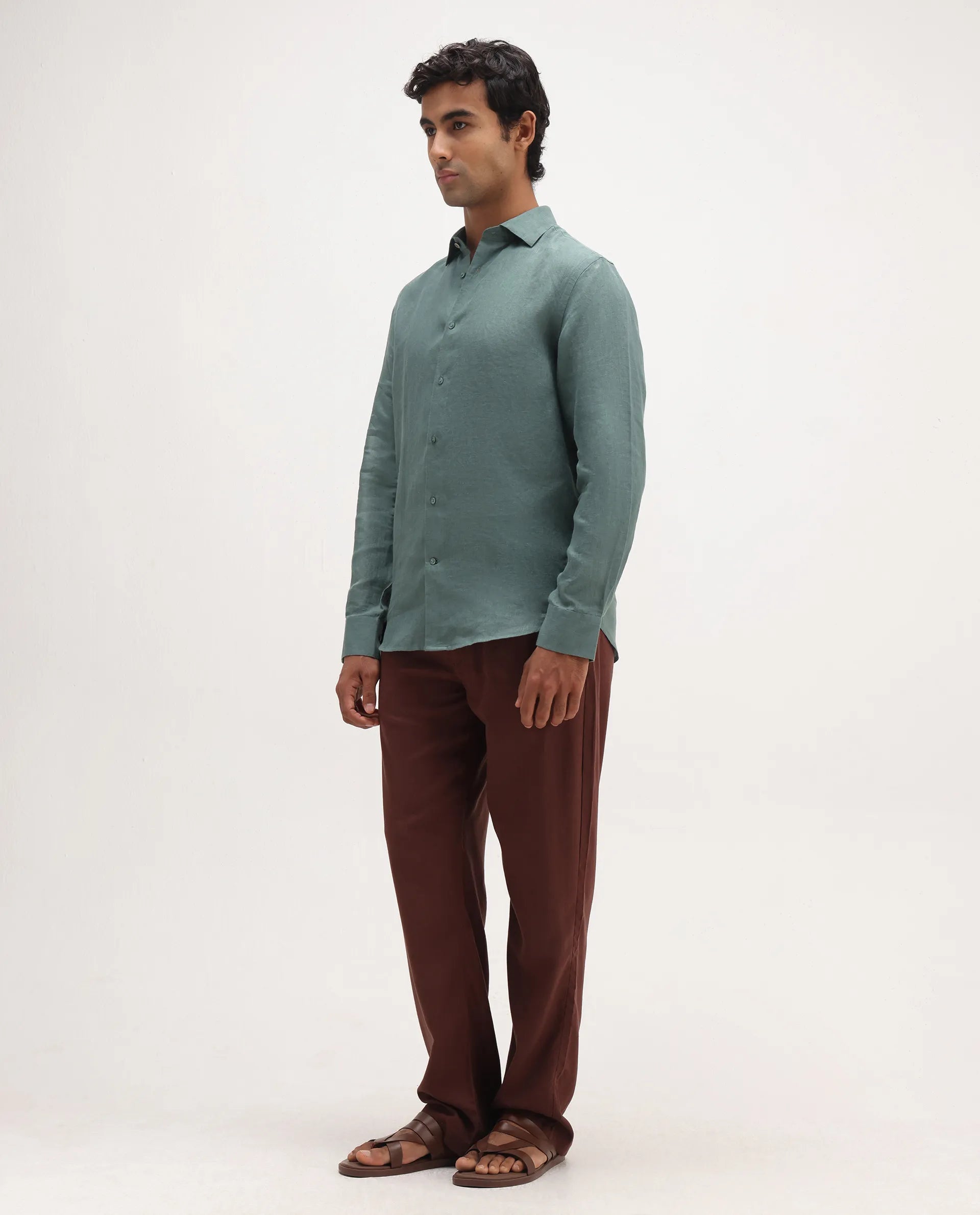 Rare Rabbit Men's Coft-B Brown Linen Blend Plain Loose Fit Trouser