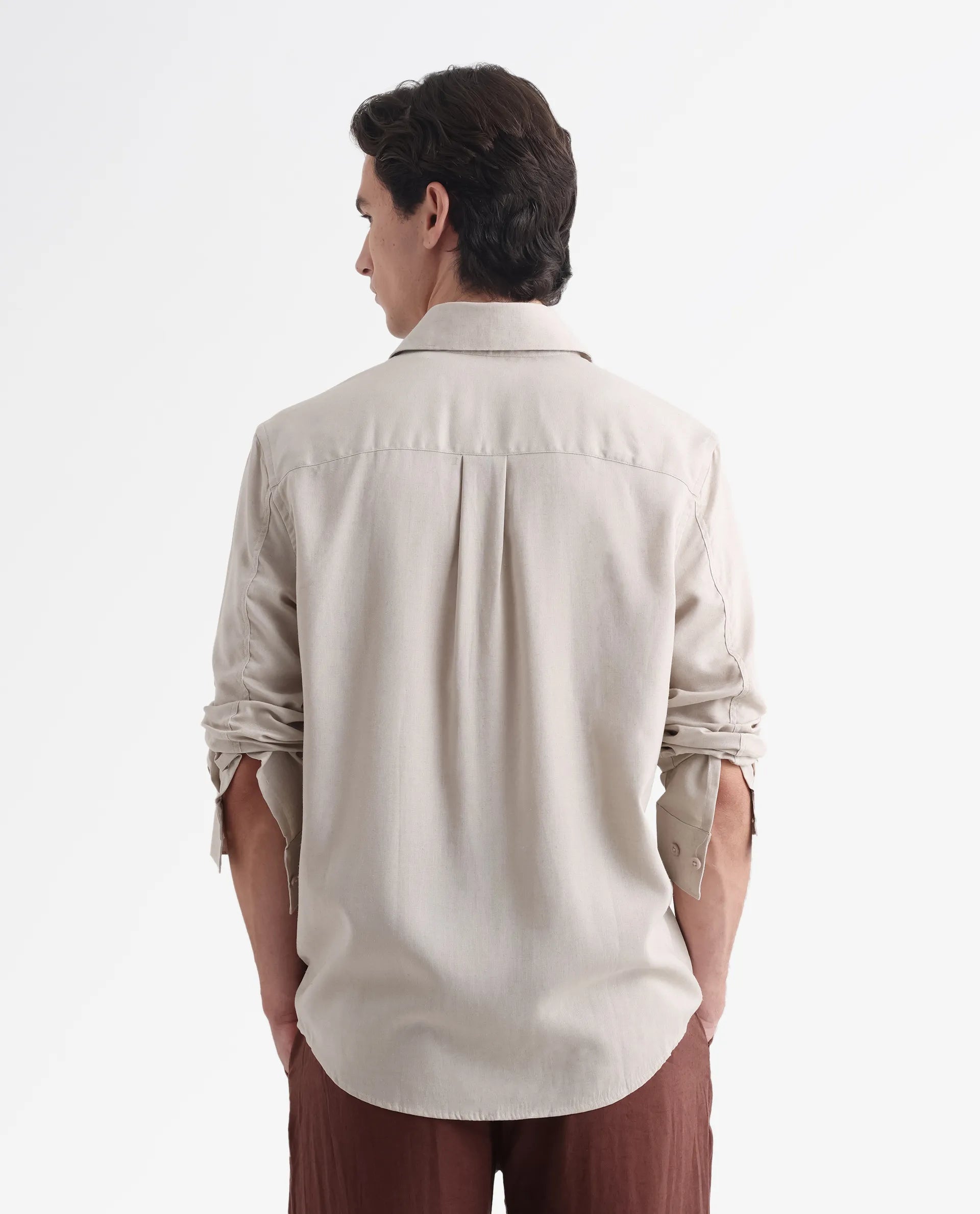 Rare Rabbit Men's Coft Beige Linen Blend Plain Boxy Fit Full Sleeve Collared Shirt