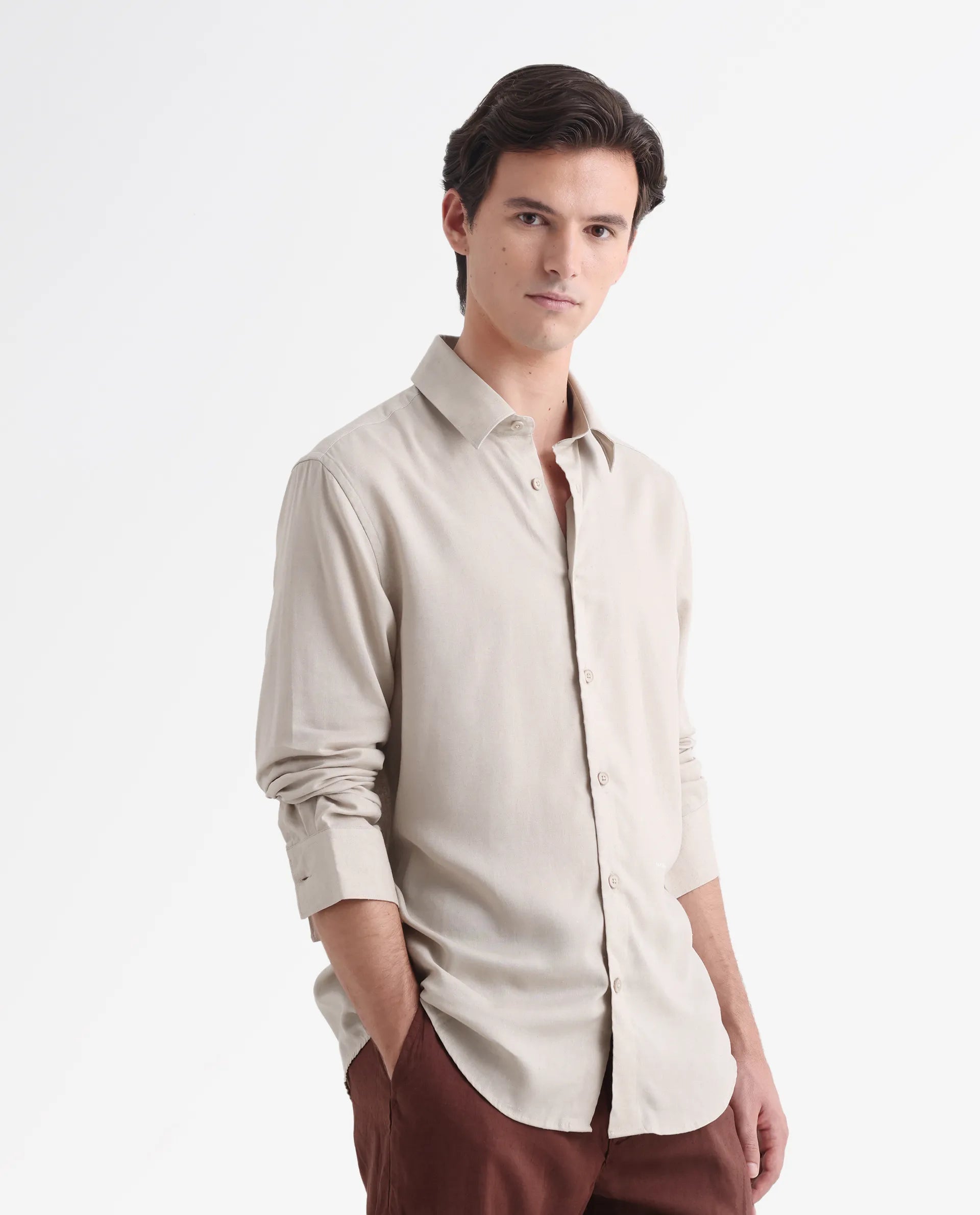 Rare Rabbit Men's Coft Beige Linen Blend Plain Boxy Fit Full Sleeve Collared Shirt