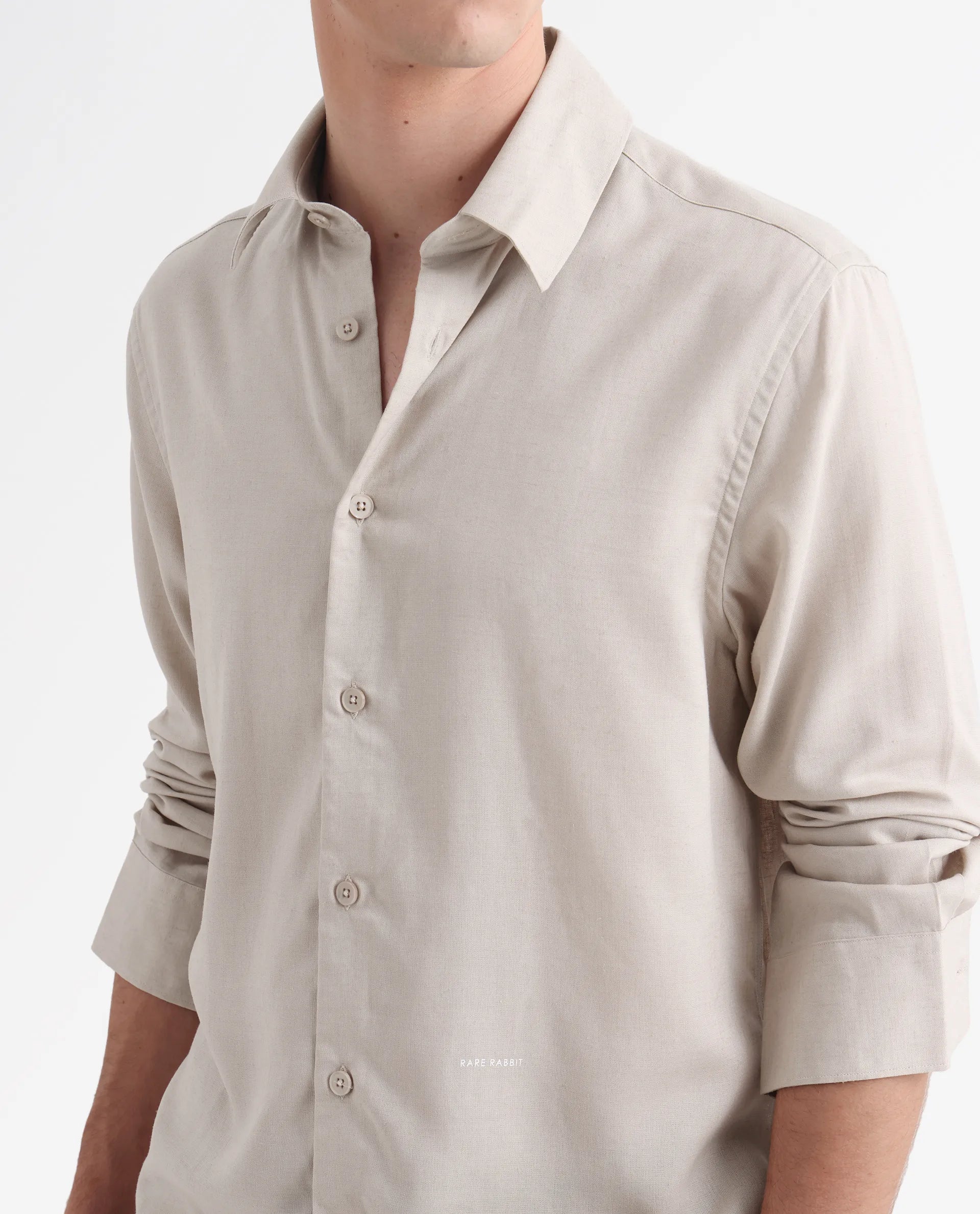 Rare Rabbit Men's Coft Beige Linen Blend Plain Boxy Fit Full Sleeve Collared Shirt