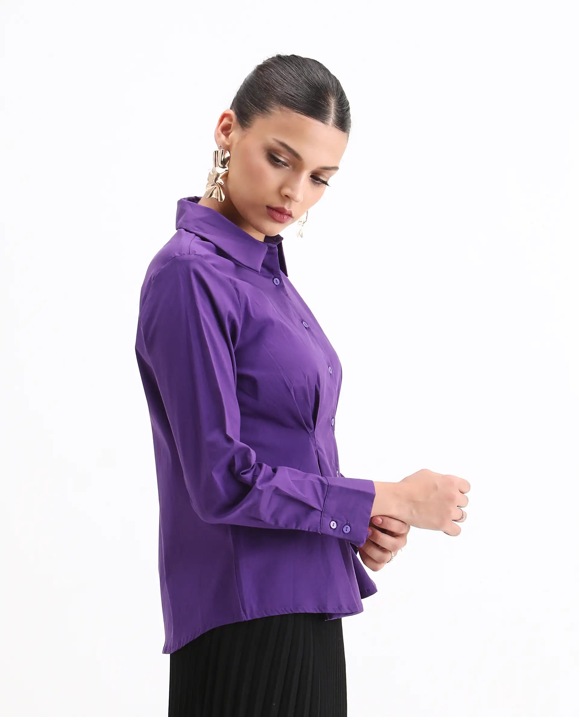 Rareism Women's Cojin Purple Cotton Blend Drop Collar Plain Cuffed Sleeve Regular Fit Top