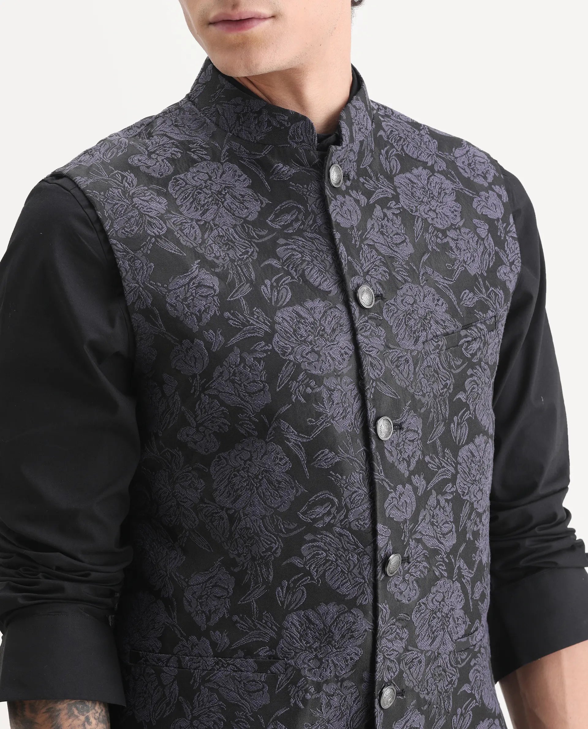 Rare Rabbit Men's Colac Dark Navy Polyester Jacquard Tailored Fit Sleeveless Mandarin Collar Bandhgala