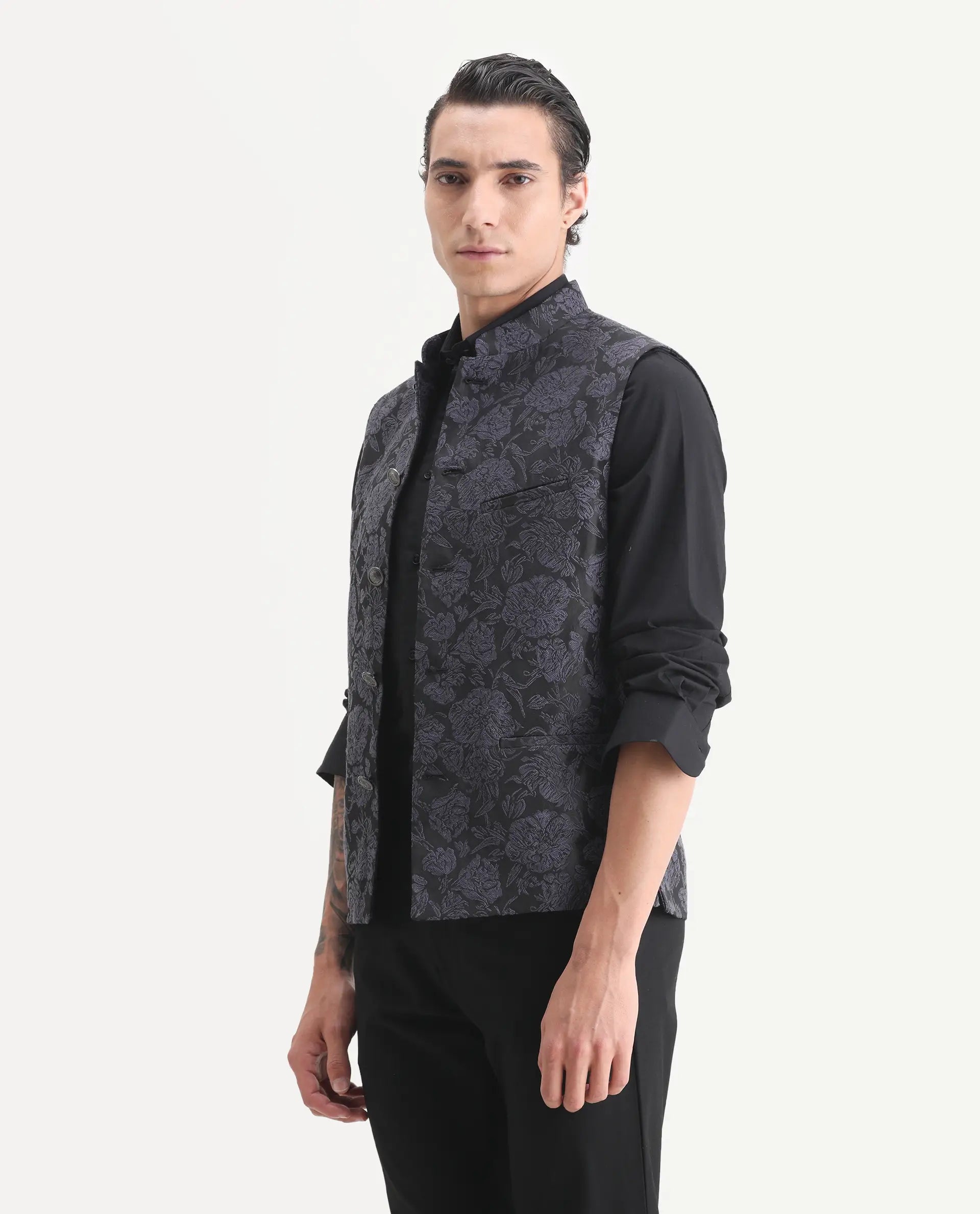 Rare Rabbit Men's Colac Dark Navy Polyester Jacquard Tailored Fit Sleeveless Mandarin Collar Bandhgala