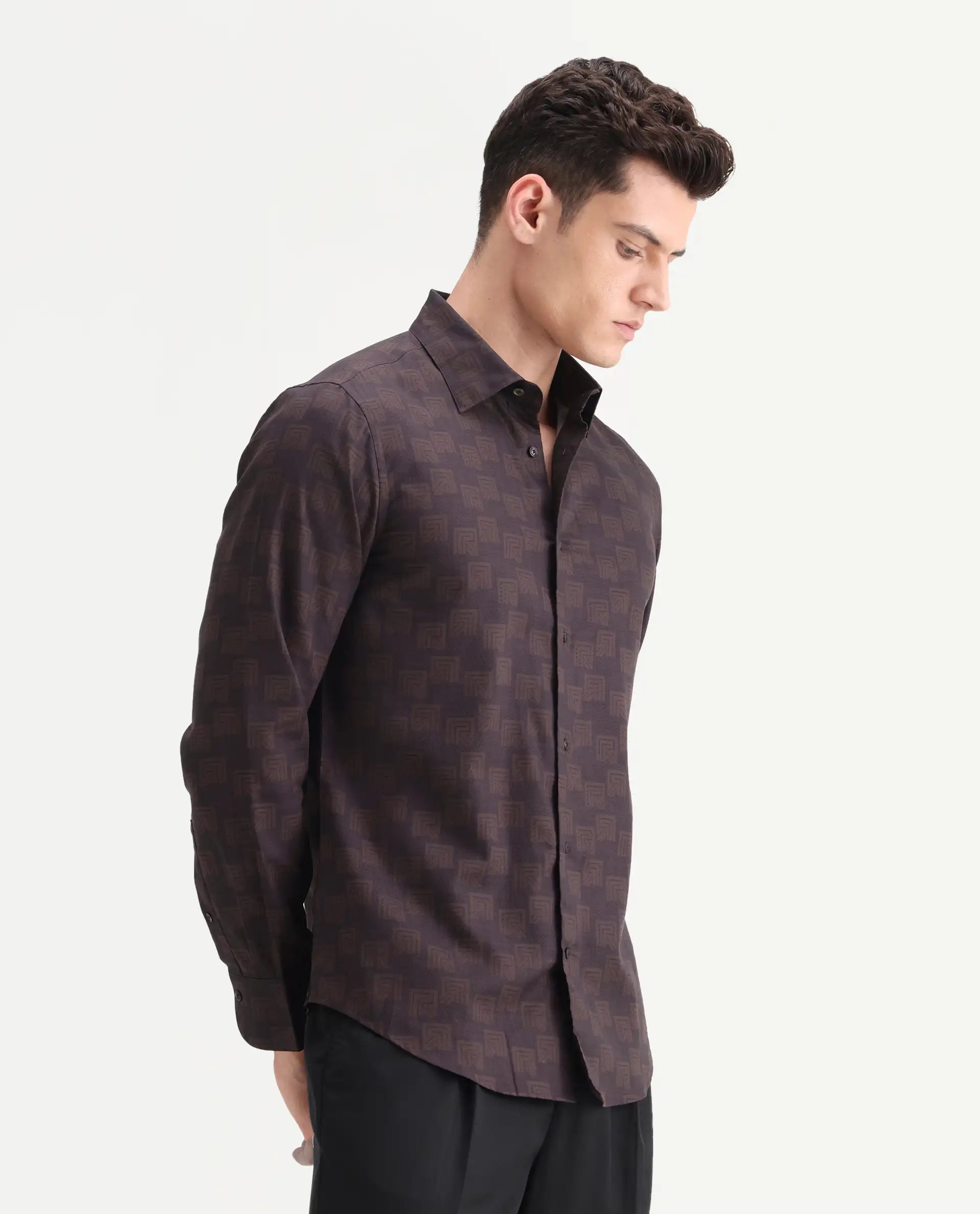 Rare Rabbit Men's Calor Dark Red Cotton Blend Fabric Spread Collar Regular Fit Monogram Print Shirt