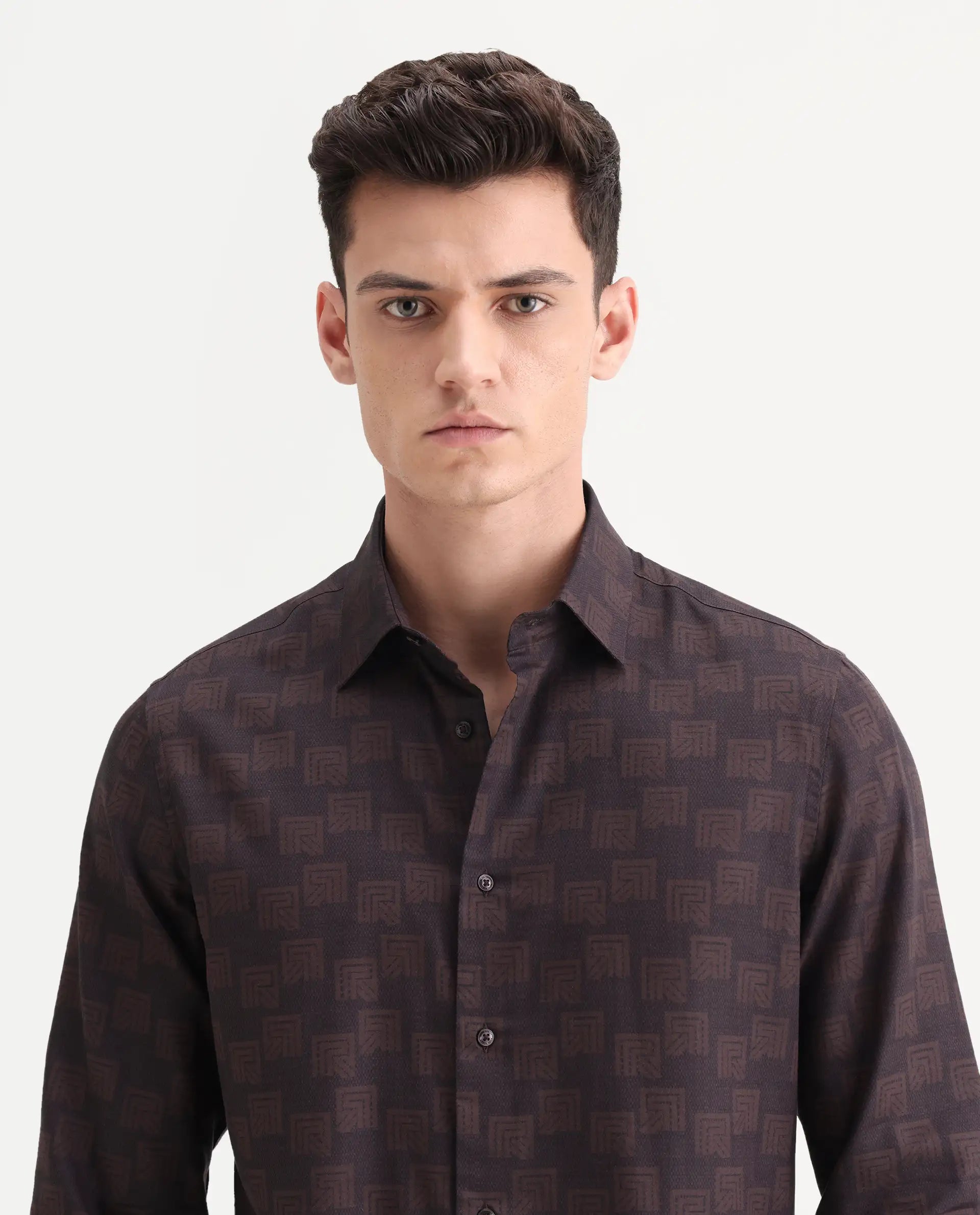Rare Rabbit Men's Calor Dark Red Cotton Blend Fabric Spread Collar Regular Fit Monogram Print Shirt