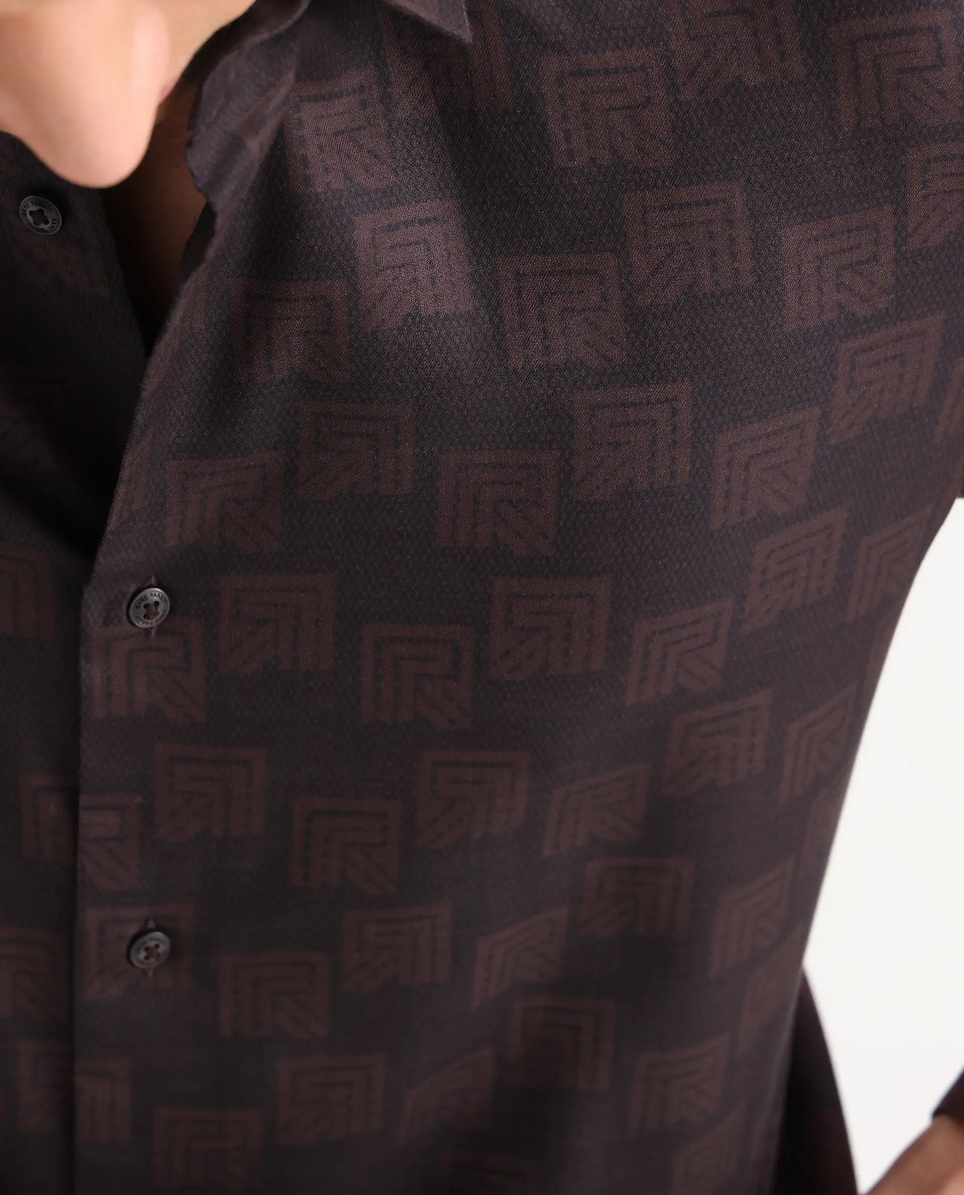 Rare Rabbit Men's Calor Dark Red Cotton Blend Fabric Spread Collar Regular Fit Monogram Print Shirt