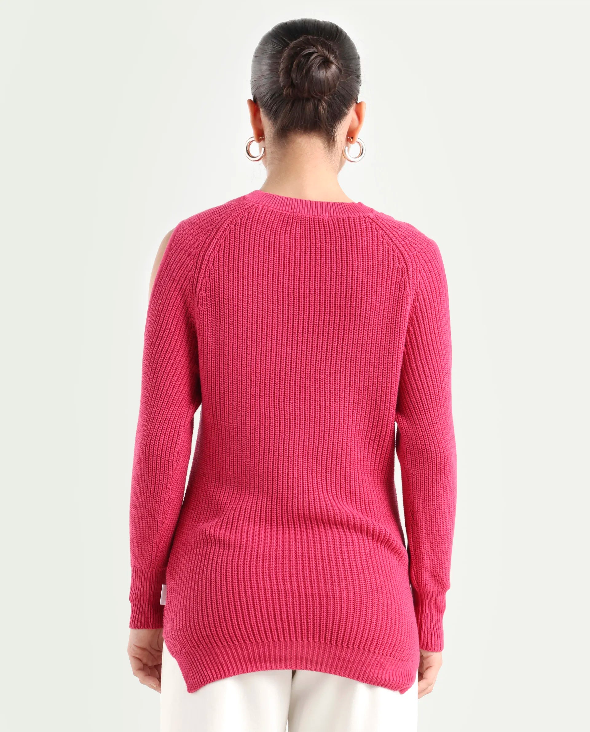 Rareism Women's Cold Pink Cotton Boat Neck Plain Slim Fit Sweater