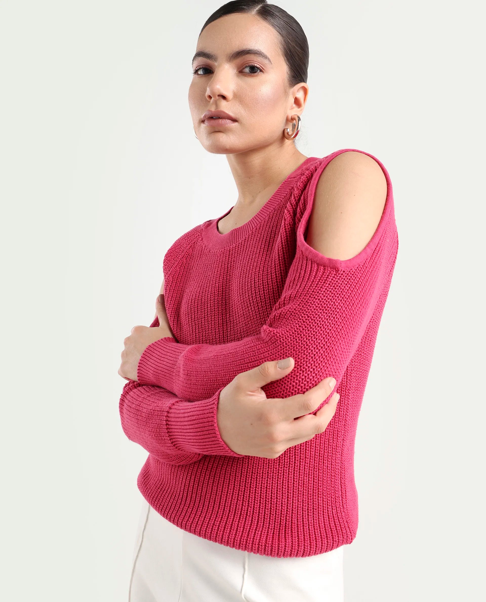 Rareism Women's Cold Pink Cotton Boat Neck Plain Slim Fit Sweater