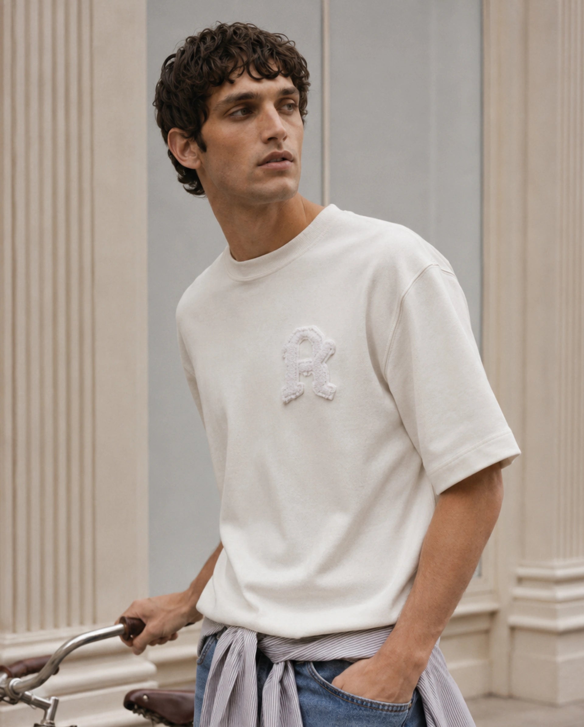 Rare Rabbit Men's Cole Primary Off White Cotton Blend Crew Neck Oversized Embroidered T-Shirt