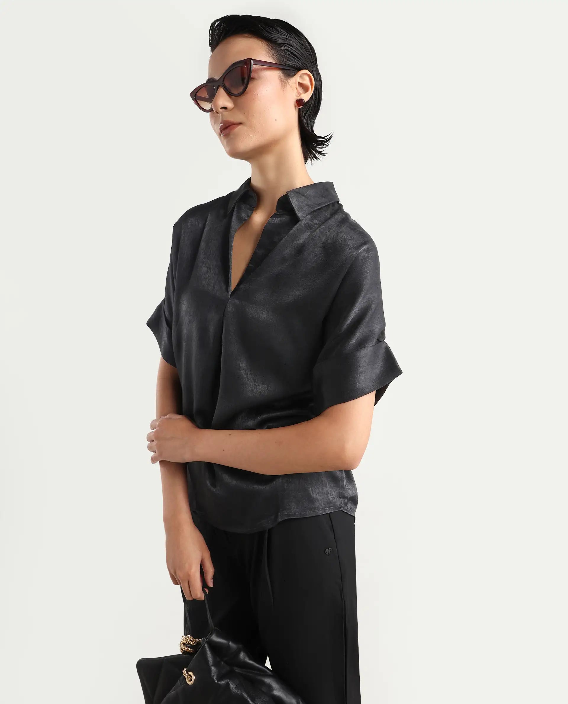 Rareism Women's Cole Black Polyester Drop Collar Plain Extended Sleeves Boxy Fit Top