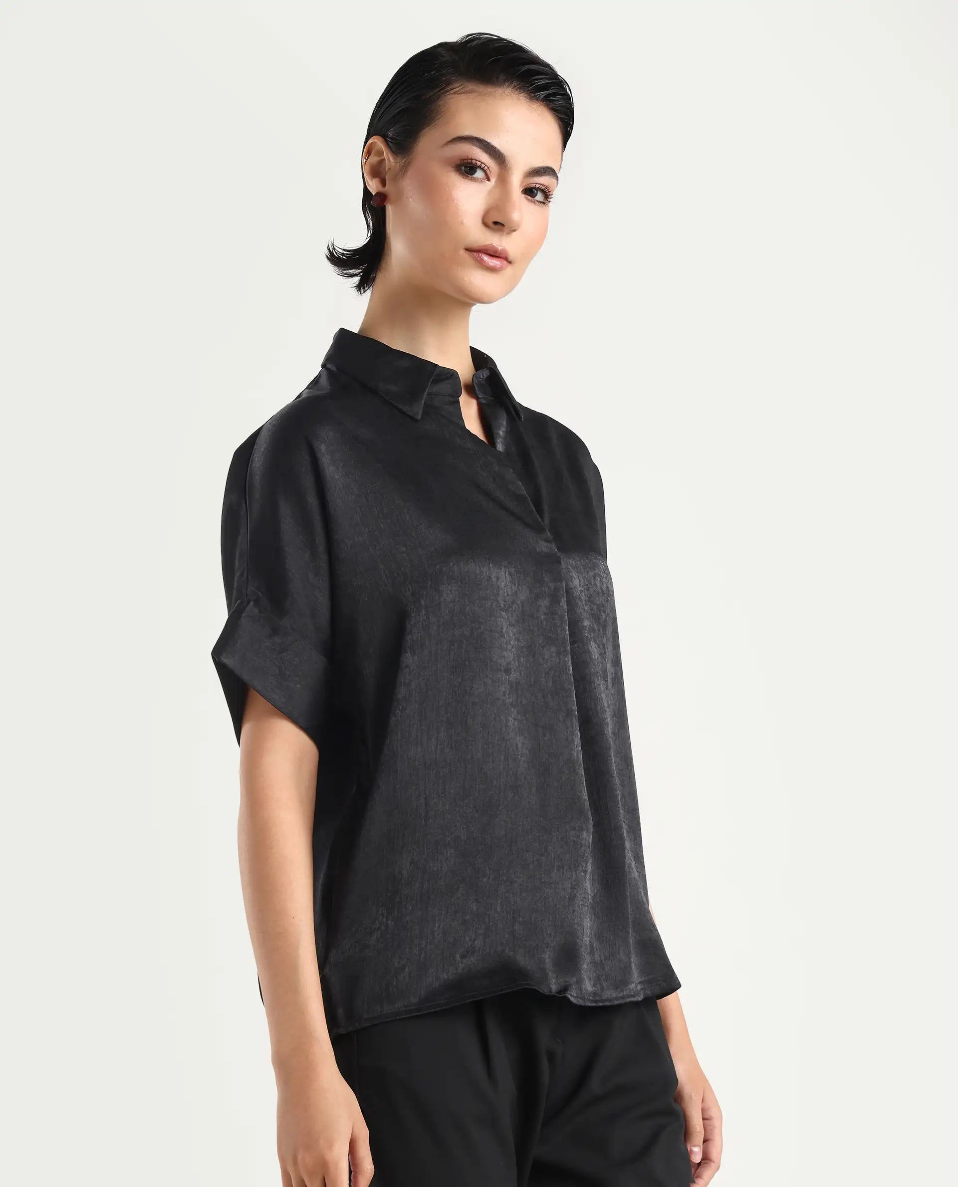 Rareism Women's Cole Black Polyester Drop Collar Plain Extended Sleeves Boxy Fit Top