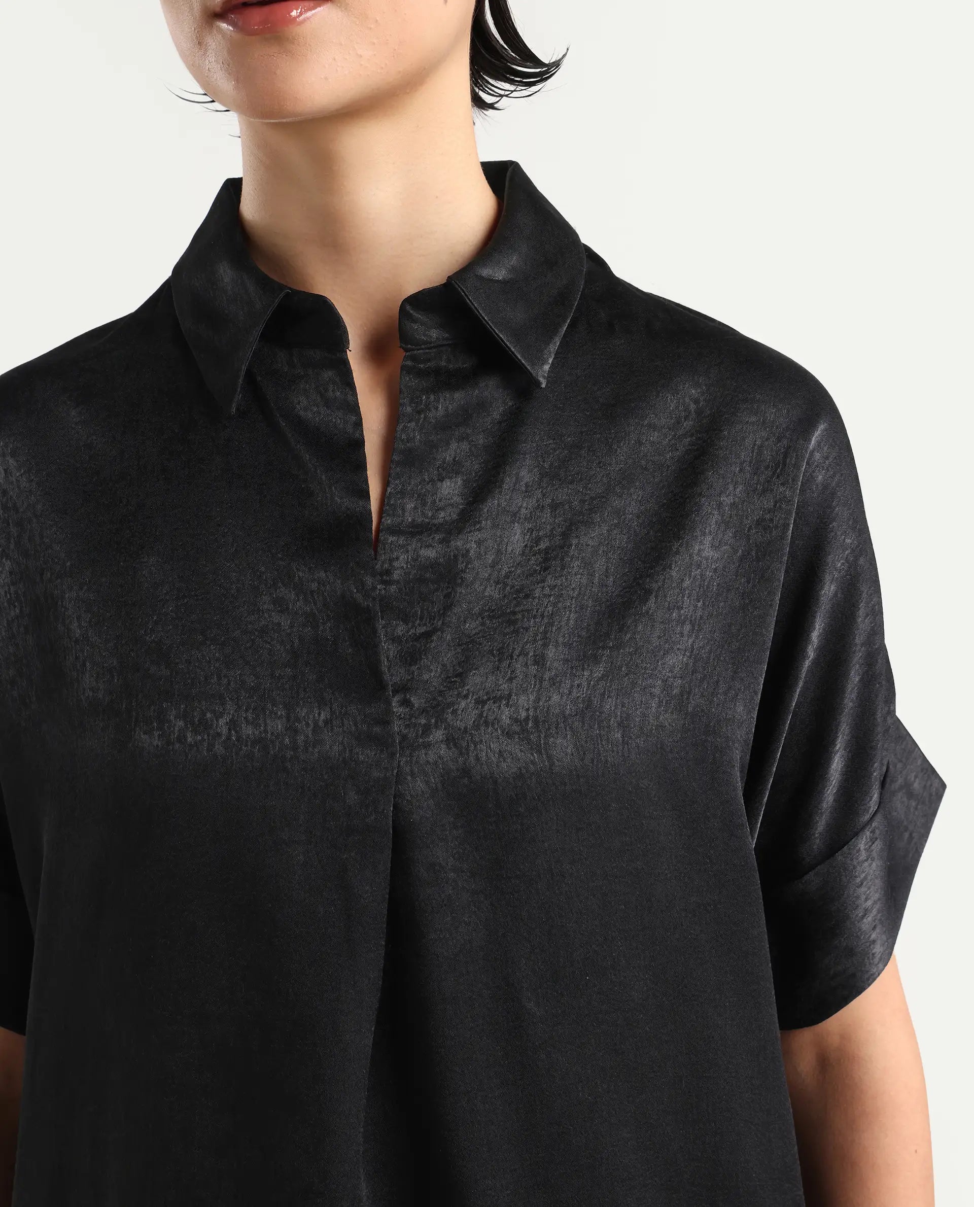 Rareism Women's Cole Black Polyester Drop Collar Plain Extended Sleeves Boxy Fit Top