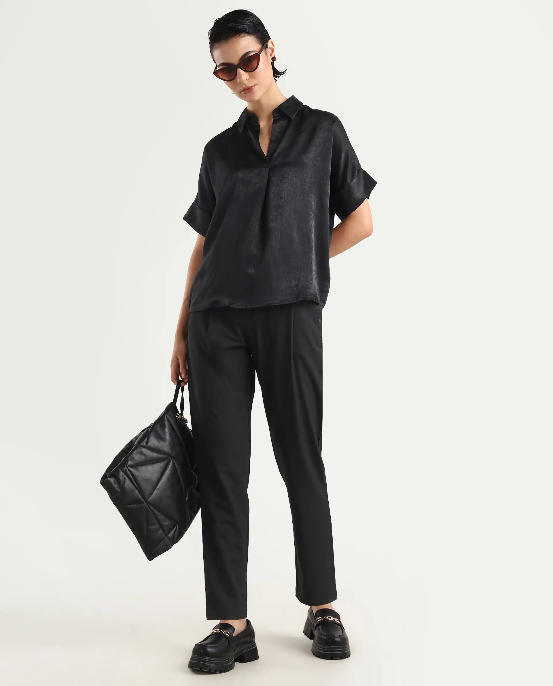 Rareism Women's Cole Black Polyester Drop Collar Plain Extended Sleeves Boxy Fit Top