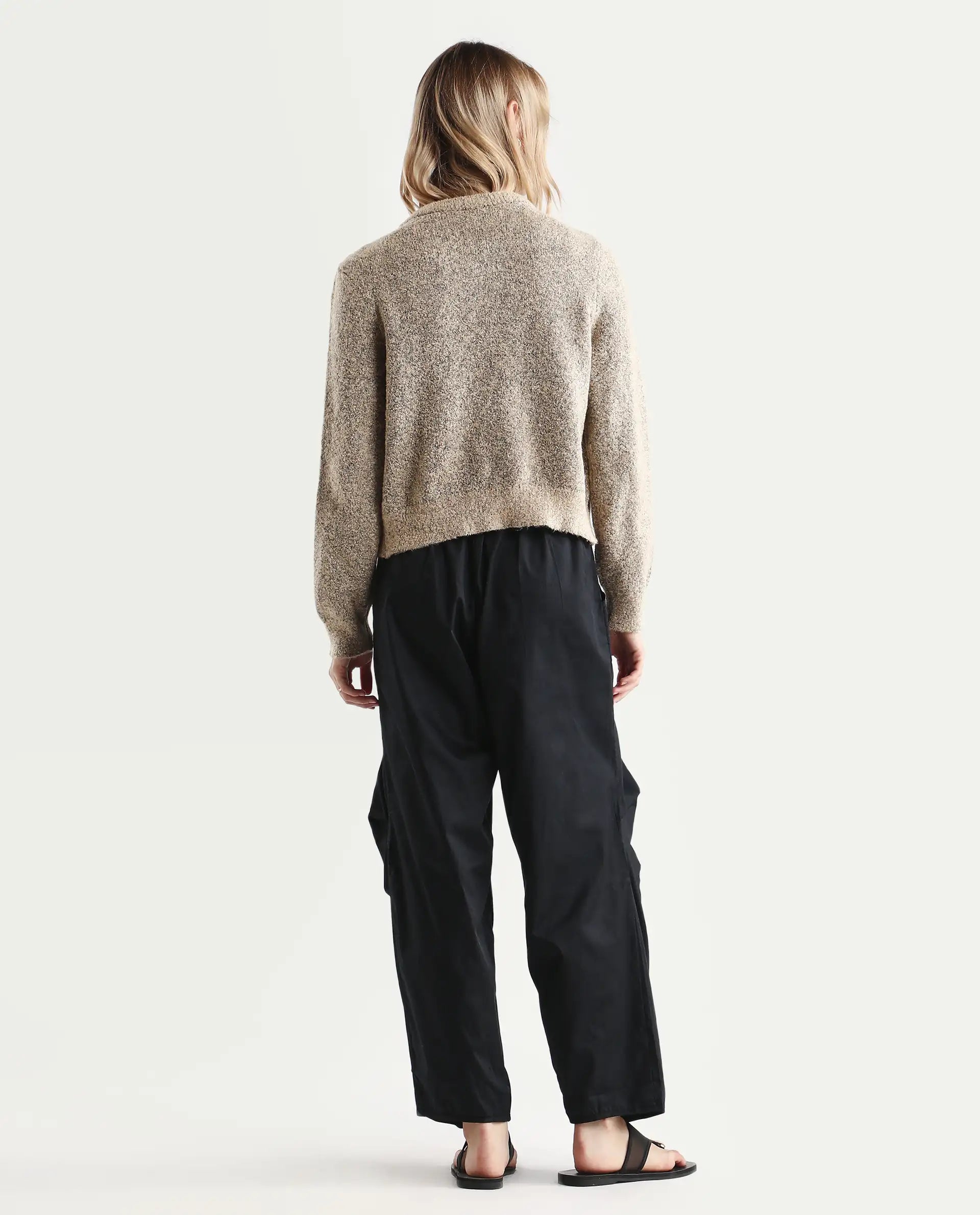 Rareism Women's Colema Black Cotton Plain Ankle Length Relaxed Fit Trouser