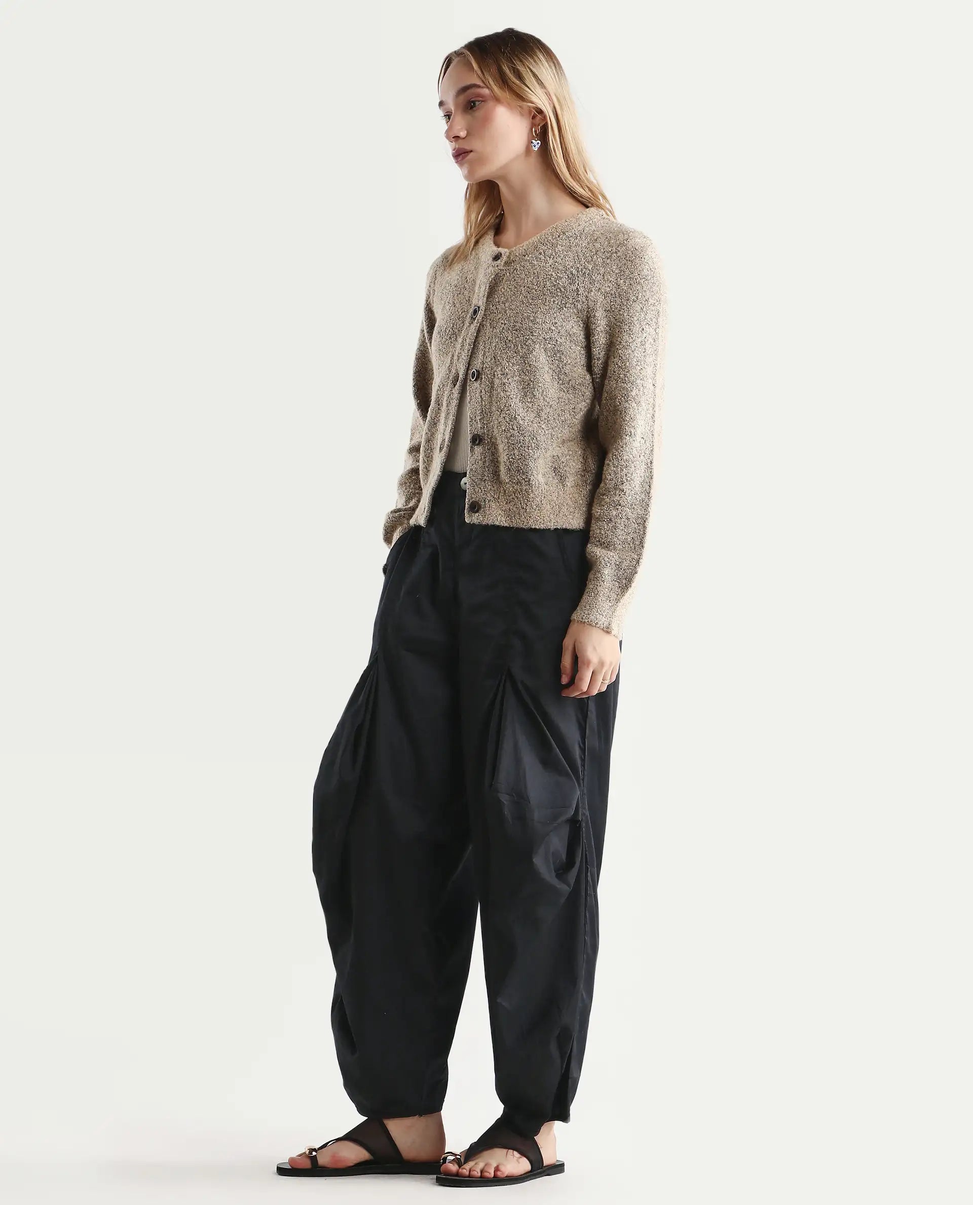 Rareism Women's Colema Black Cotton Plain Ankle Length Relaxed Fit Trouser