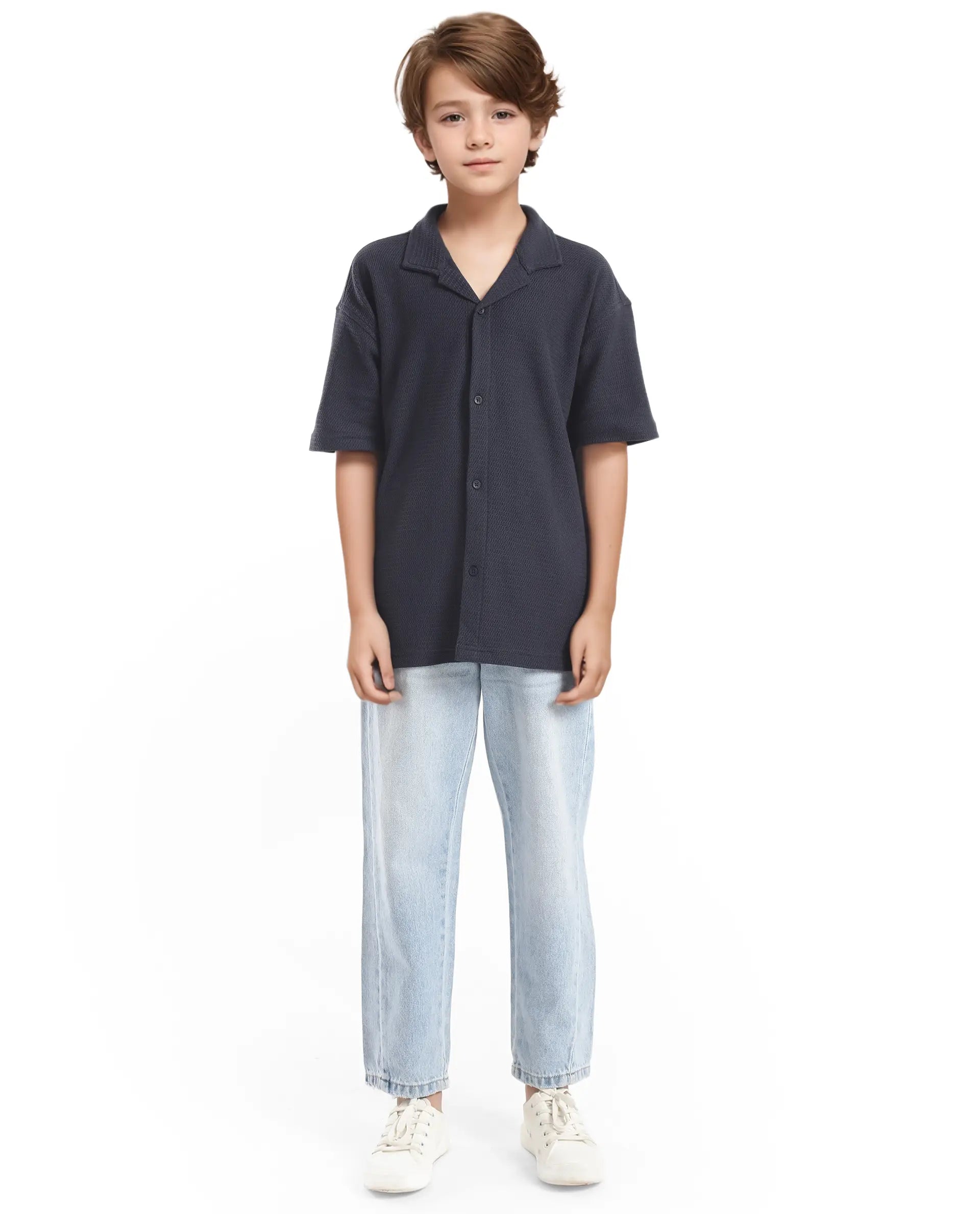 Rare Ones Kids Colen Navy Jacquard Half Sleeves Cuban Collar Boxy Fit Shirt