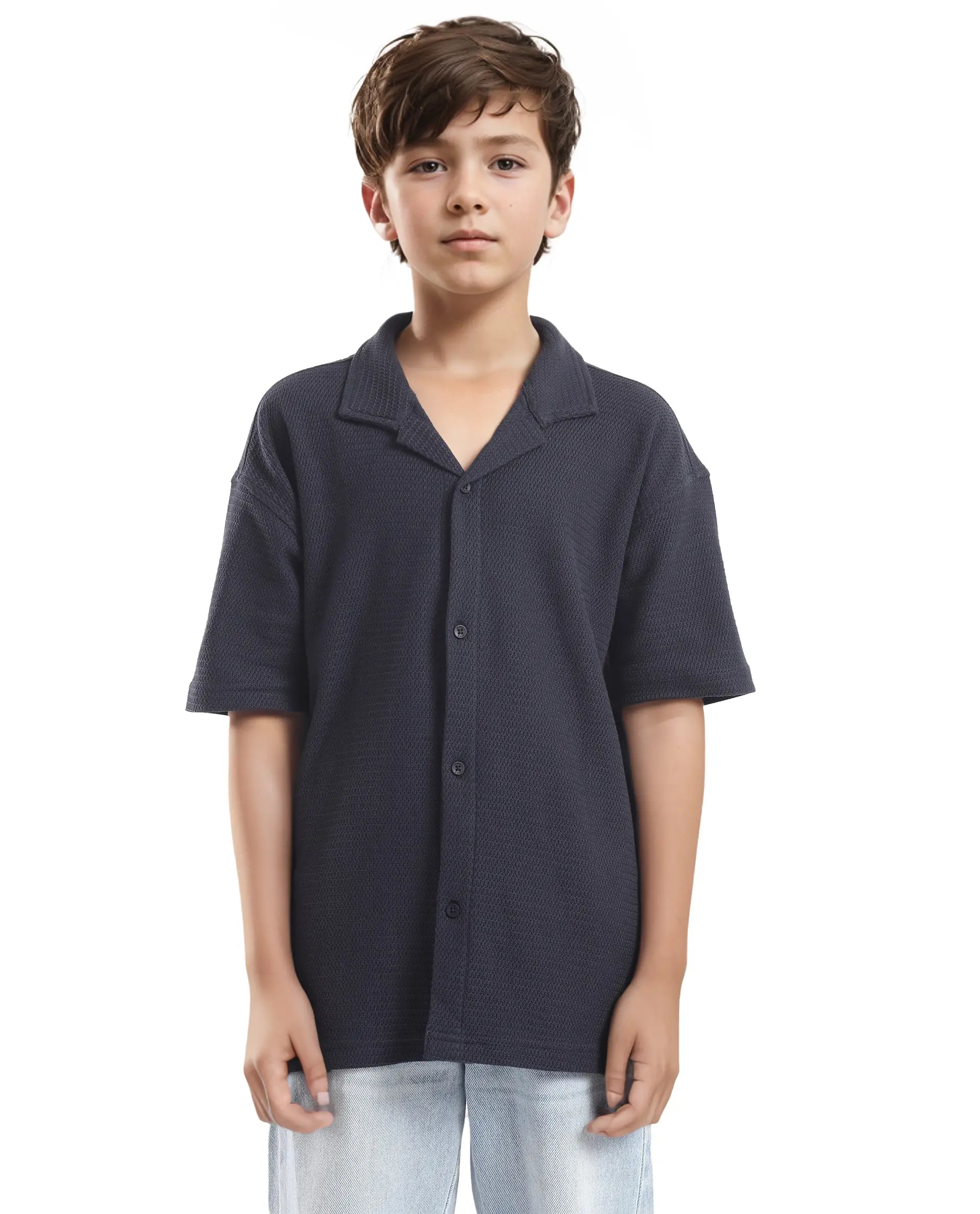 Rare Ones Kids Colen Navy Jacquard Half Sleeves Cuban Collar Boxy Fit Shirt