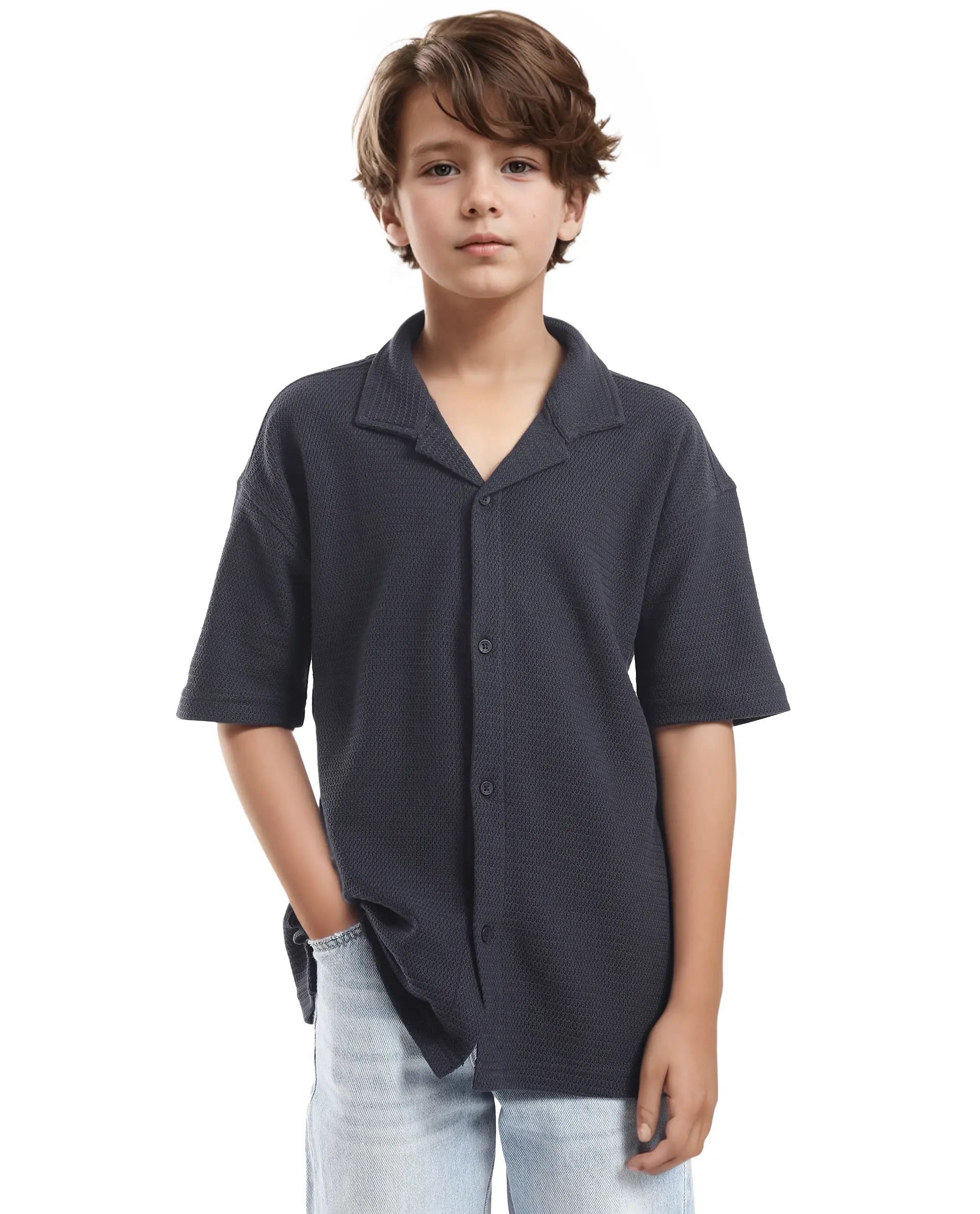 Rare Ones Kids Colen Navy Jacquard Half Sleeves Cuban Collar Boxy Fit Shirt