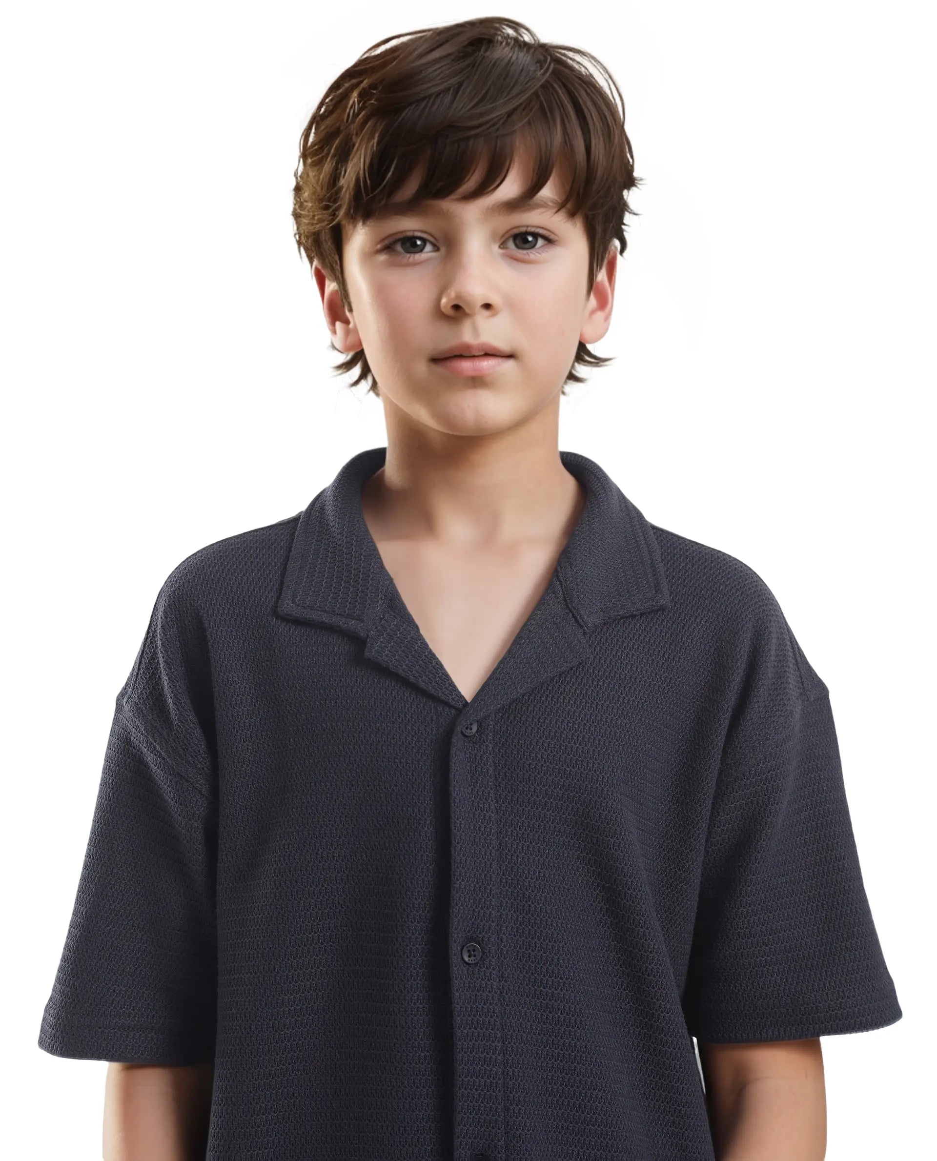 Rare Ones Kids Colen Navy Jacquard Half Sleeves Cuban Collar Boxy Fit Shirt