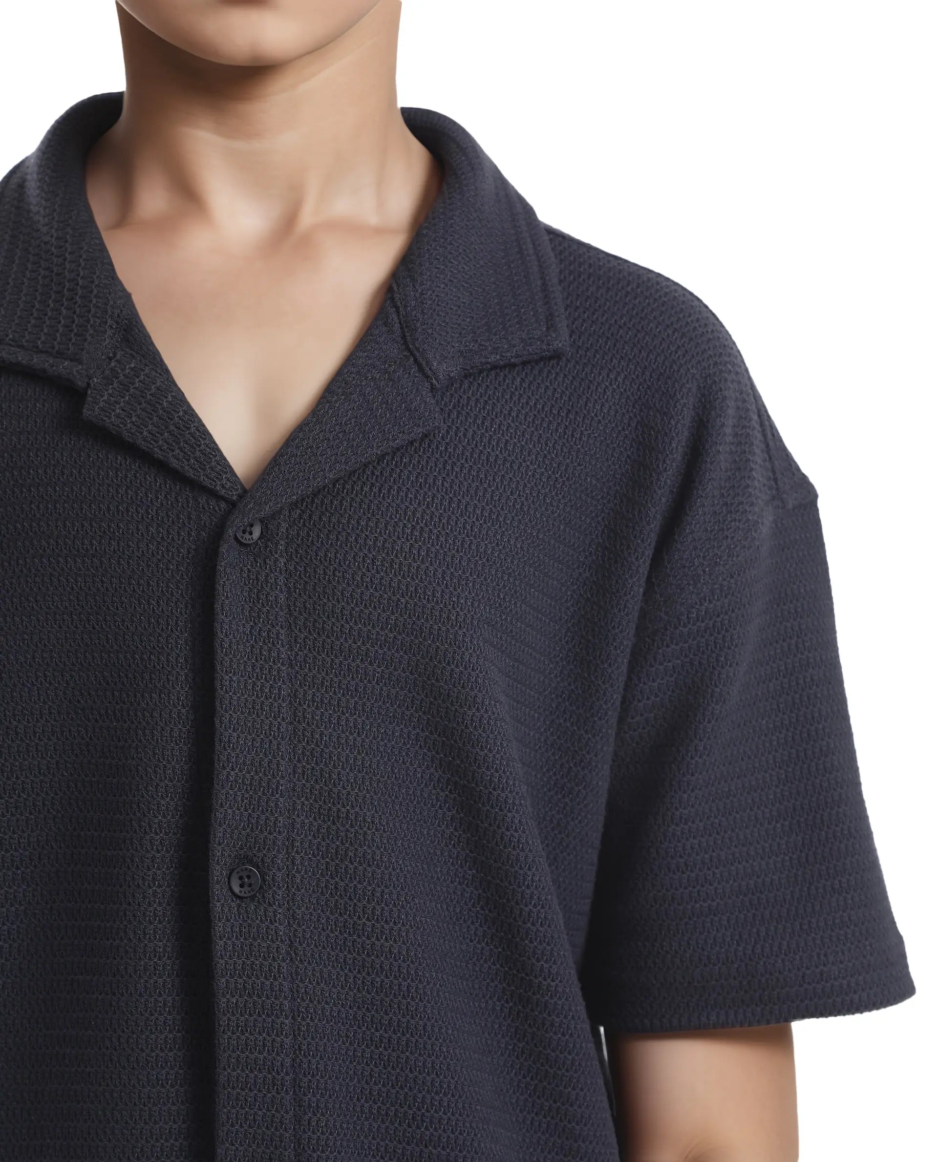 Rare Ones Kids Colen Navy Jacquard Half Sleeves Cuban Collar Boxy Fit Shirt