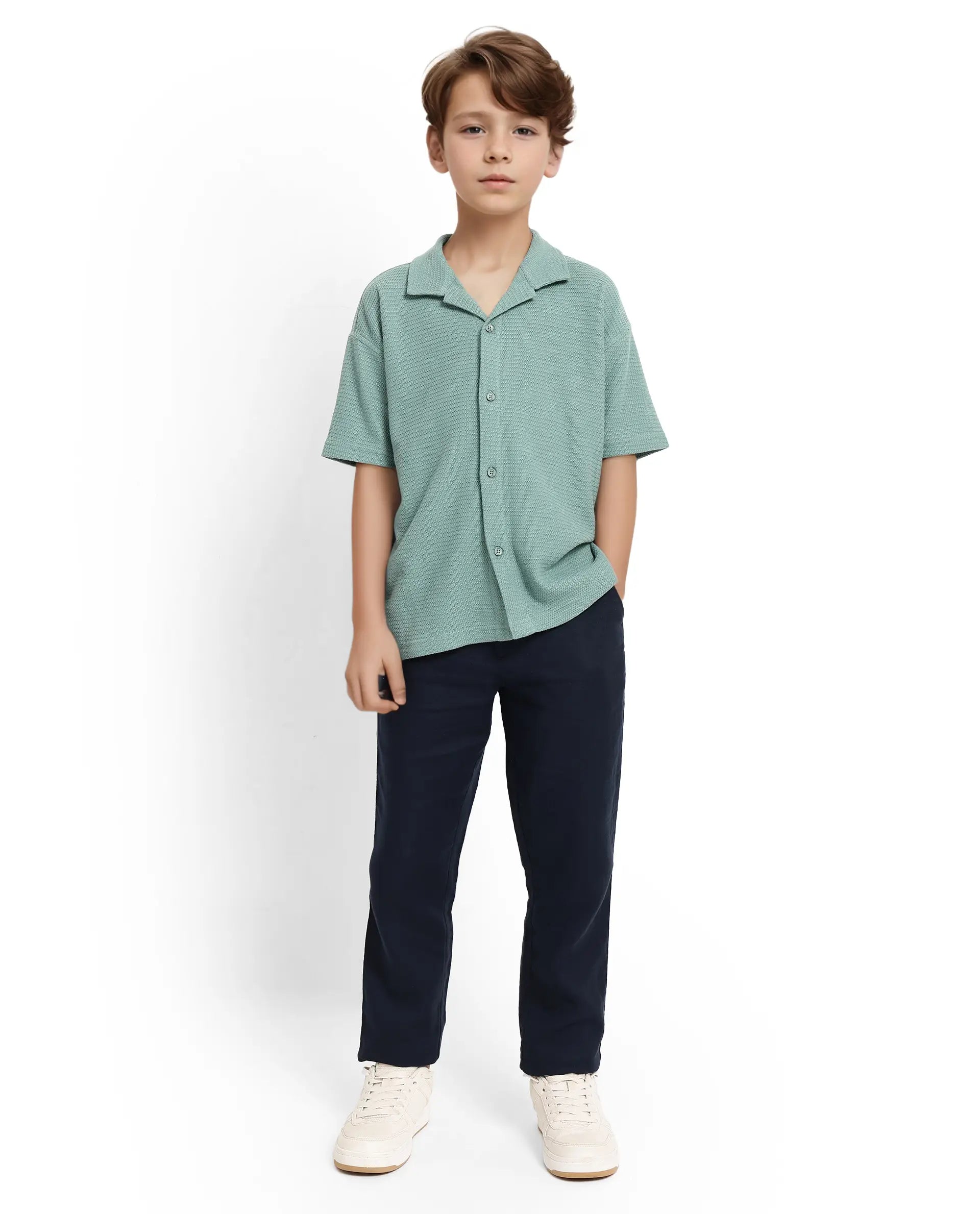 Rare Ones Kids Colen Green Jacquard Half Sleeves Cuban Collar Boxy Fit Shirt
