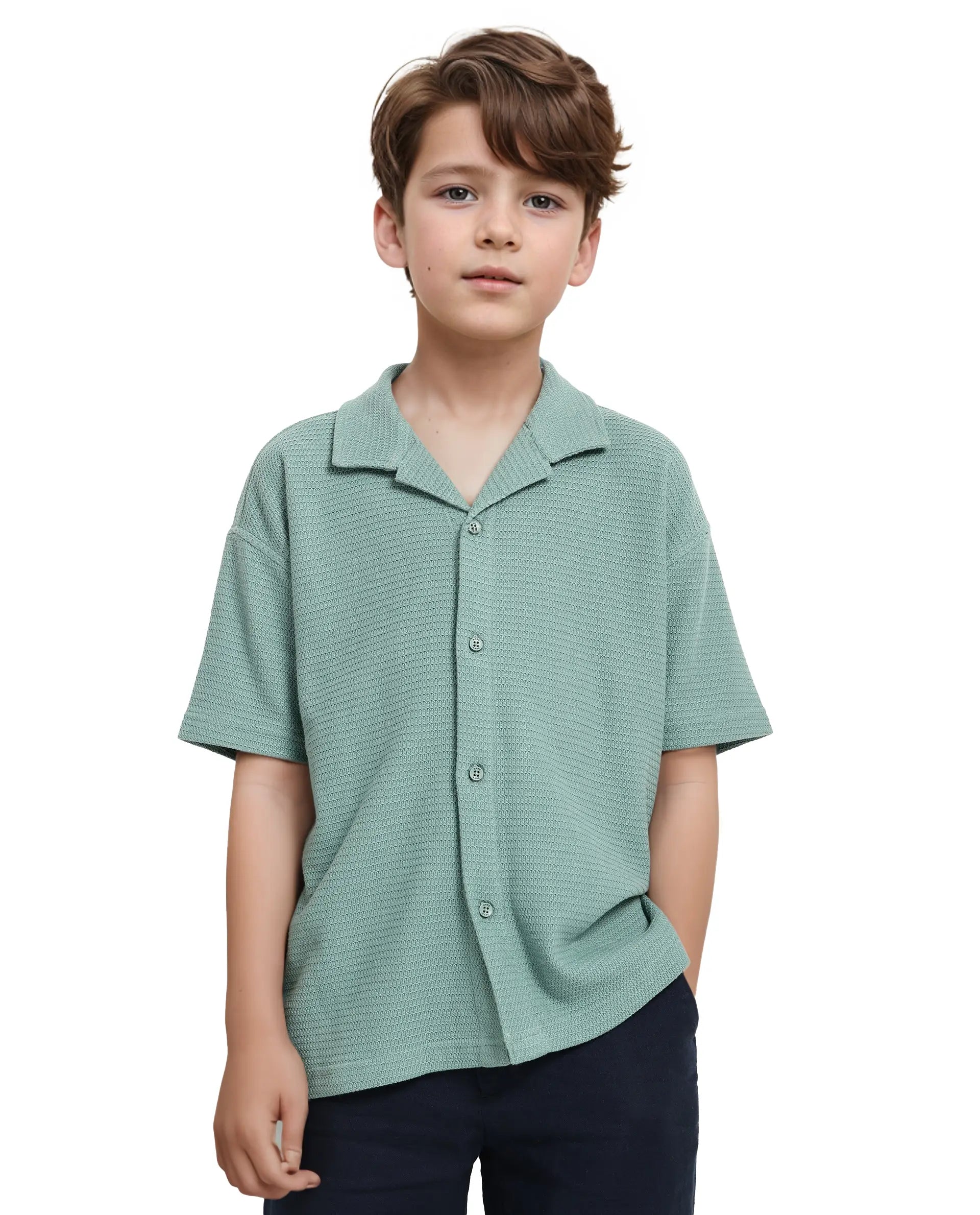 Rare Ones Kids Colen Green Jacquard Half Sleeves Cuban Collar Boxy Fit Shirt