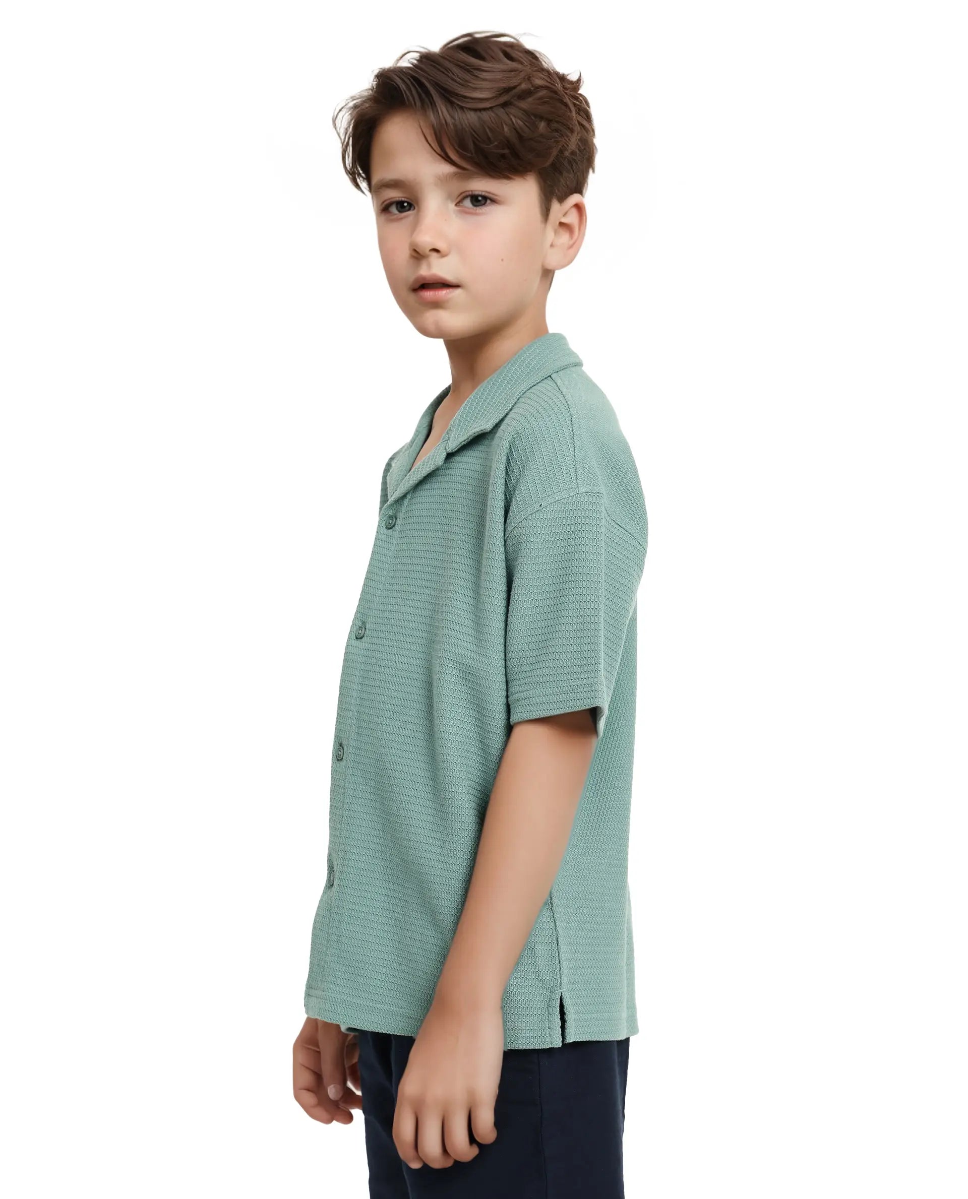 Rare Ones Kids Colen Green Jacquard Half Sleeves Cuban Collar Boxy Fit Shirt