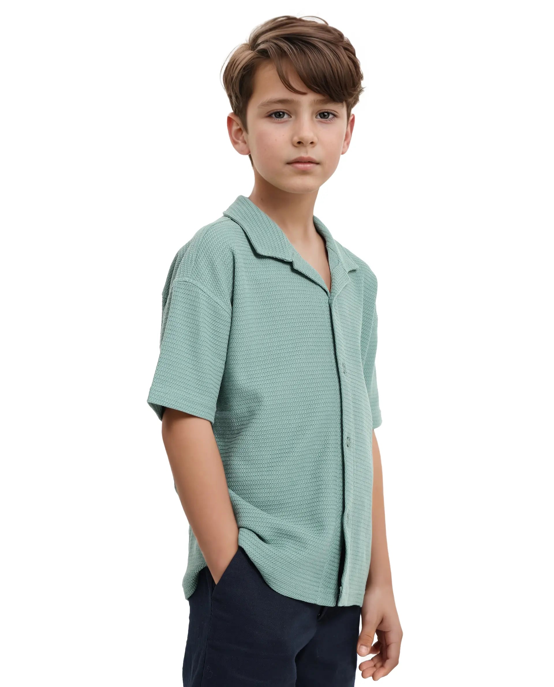 Rare Ones Kids Colen Green Jacquard Half Sleeves Cuban Collar Boxy Fit Shirt