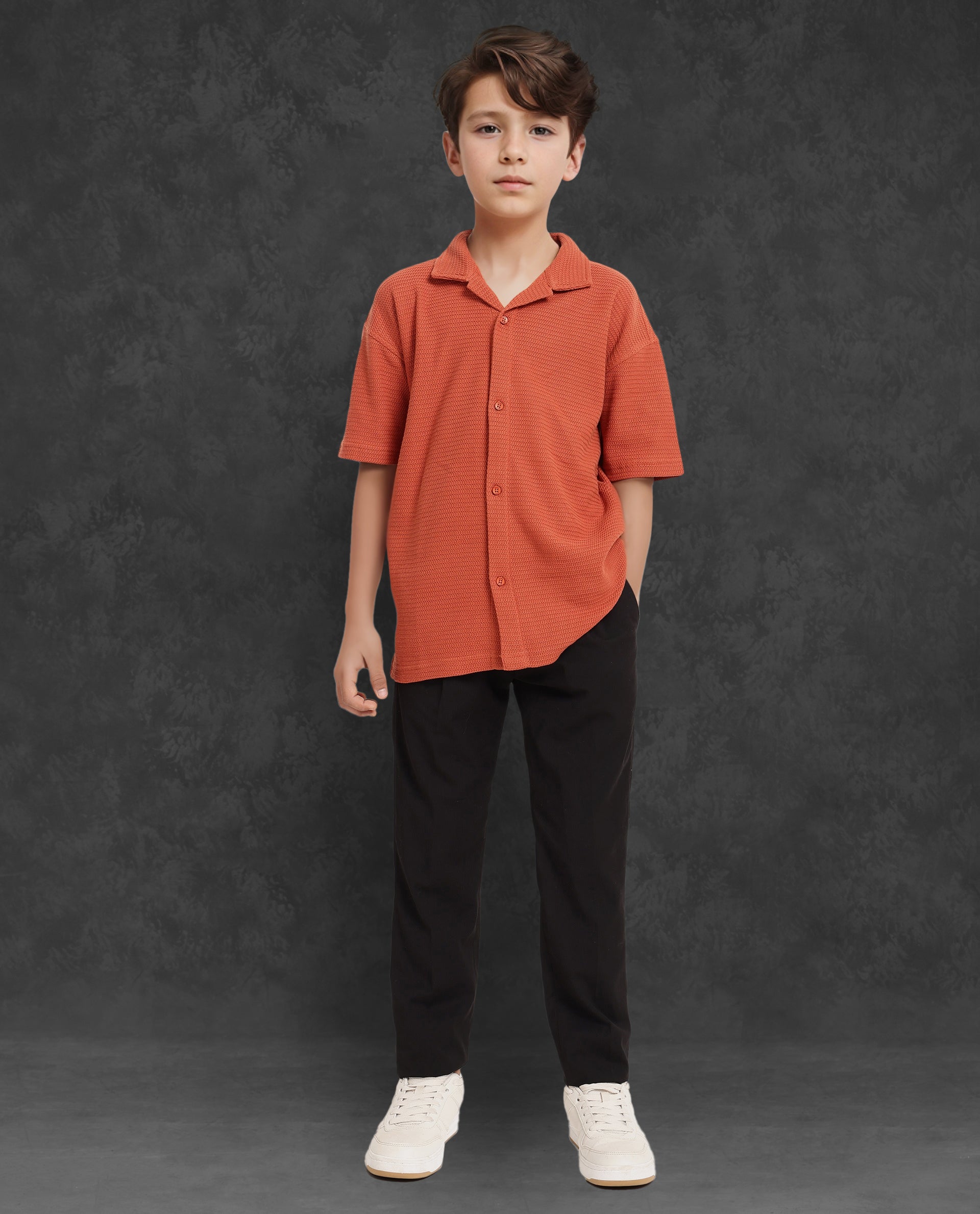 Rare Ones Kids Colen Rust Jacquard Half Sleeves Cuban Collar Boxy Fit Shirt