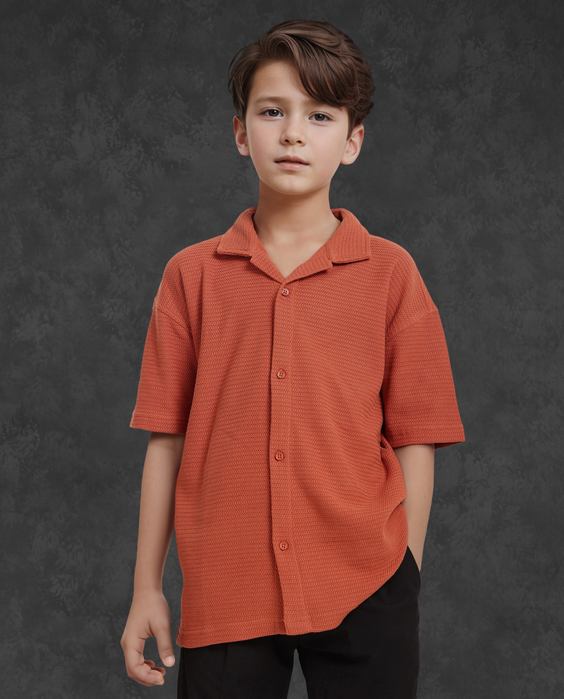 Rare Ones Kids Colen Rust Jacquard Half Sleeves Cuban Collar Boxy Fit Shirt