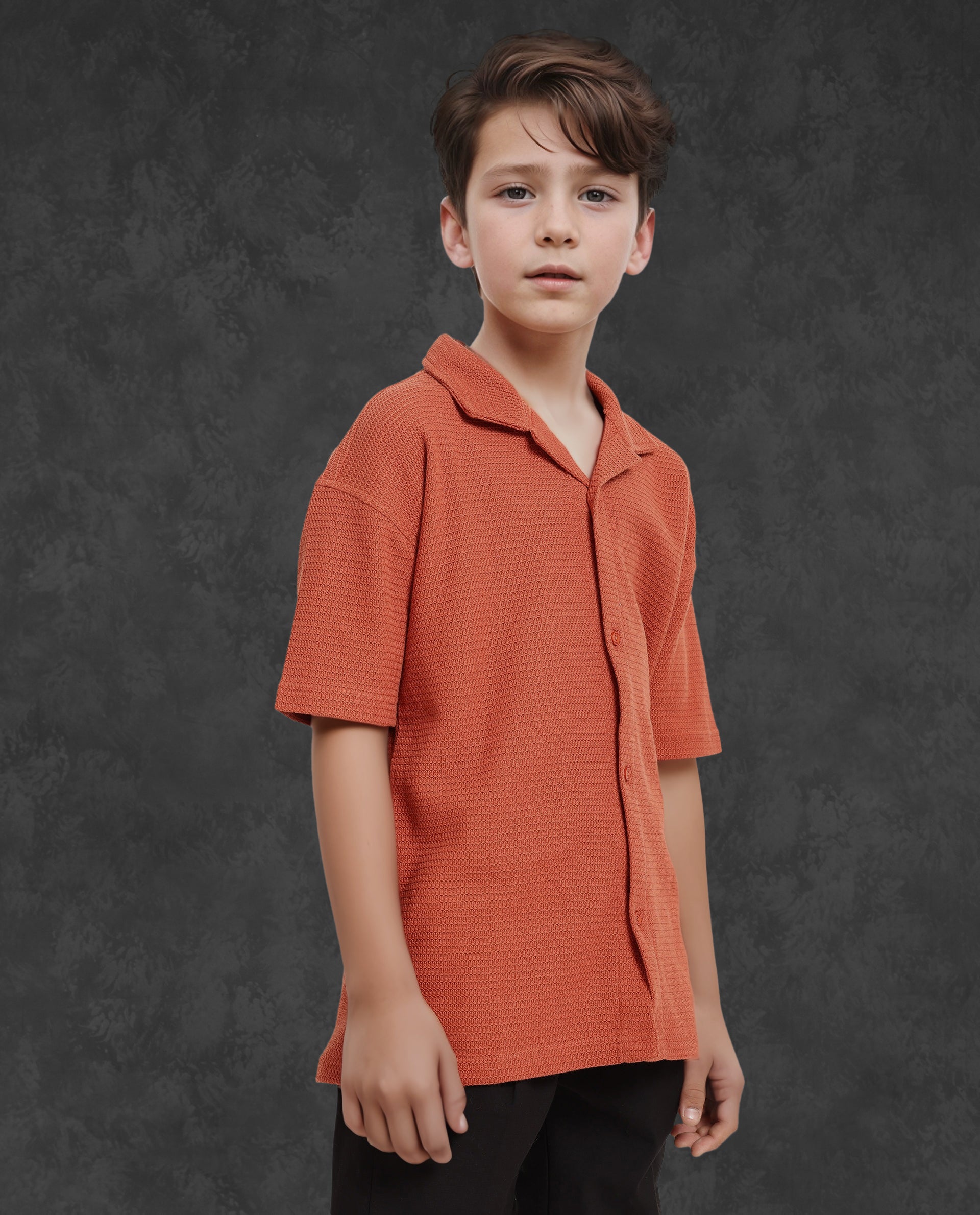 Rare Ones Kids Colen Rust Jacquard Half Sleeves Cuban Collar Boxy Fit Shirt