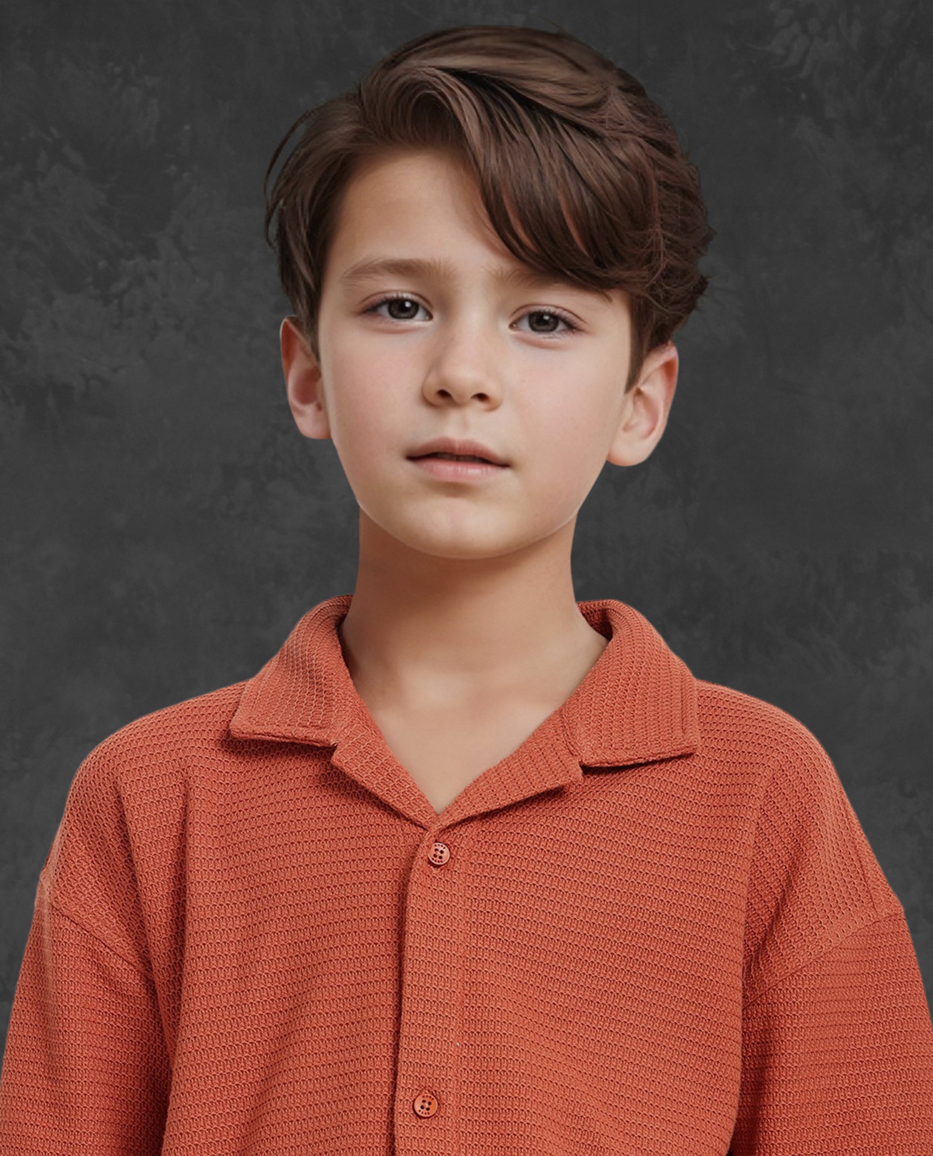 Rare Ones Kids Colen Rust Jacquard Half Sleeves Cuban Collar Boxy Fit Shirt