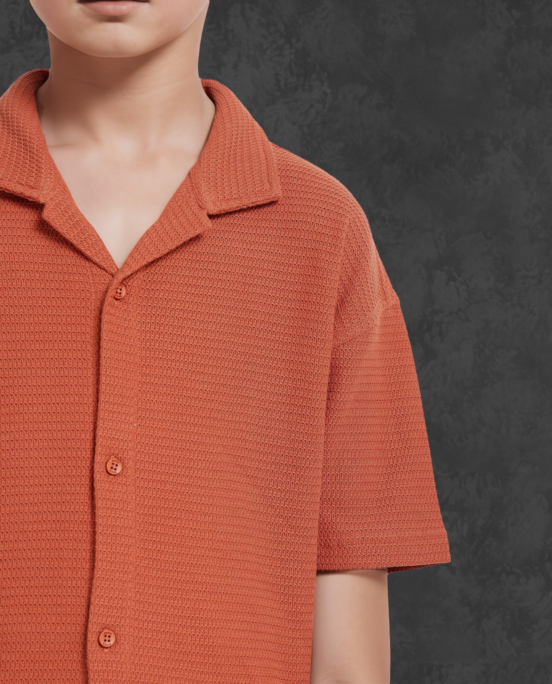 Rare Ones Kids Colen Rust Jacquard Half Sleeves Cuban Collar Boxy Fit Shirt