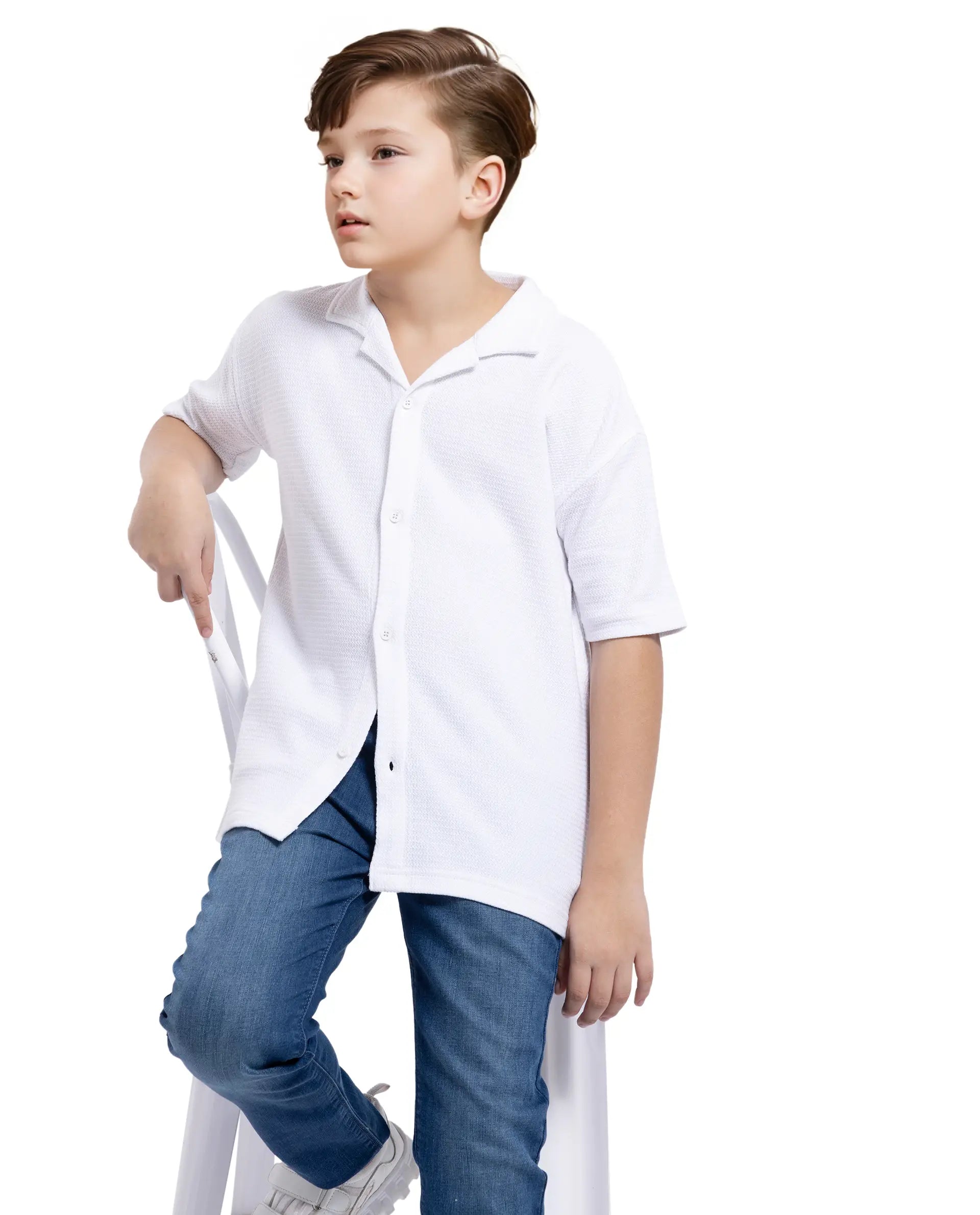 Rare Ones Kids Colen White Jacquard Half Sleeves Cuban Collar Boxy Fit Shirt