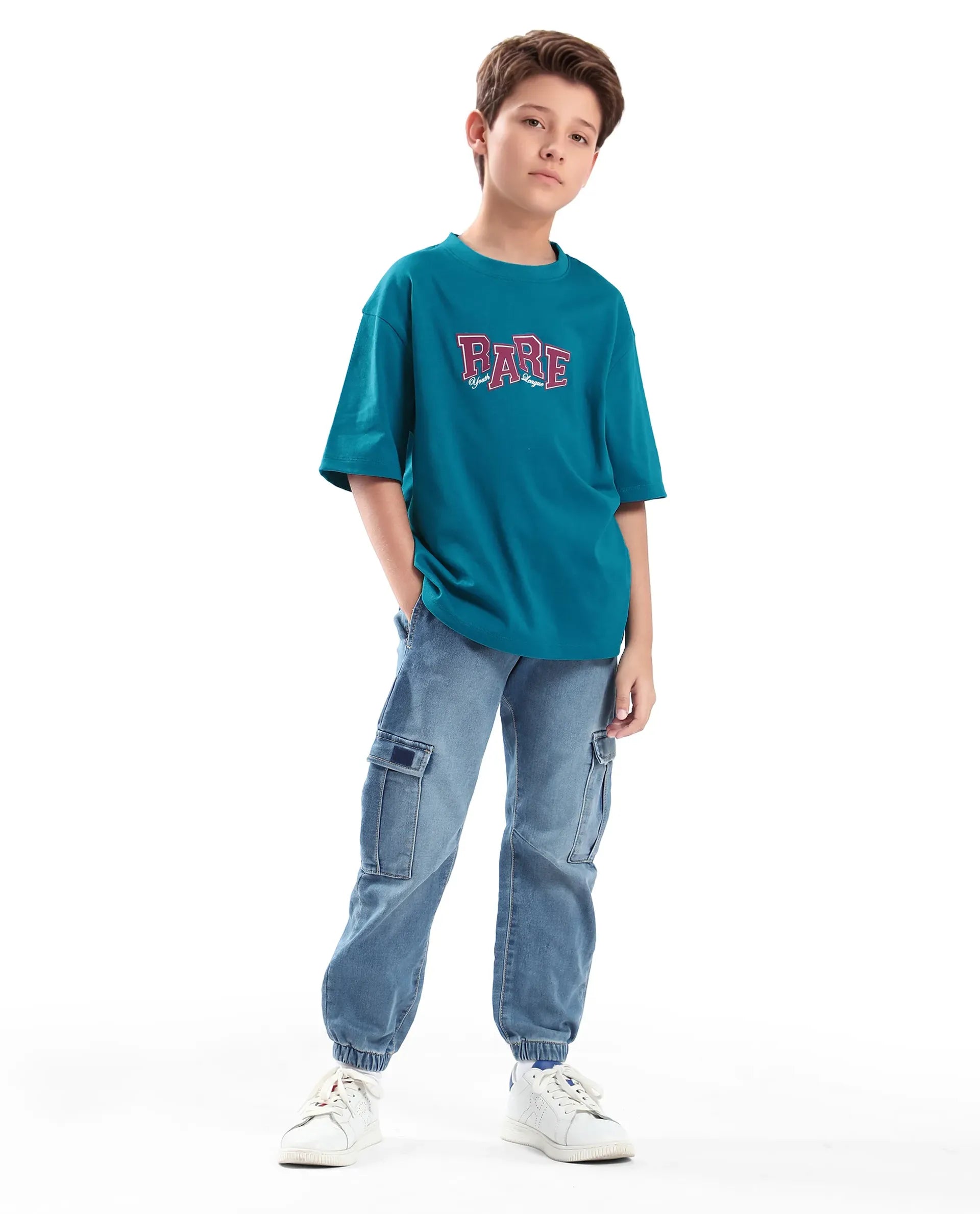 Rare Ones Kids Cole Turq Cotton Graphic Print Slip-On Oversized Fit T-Shirt
