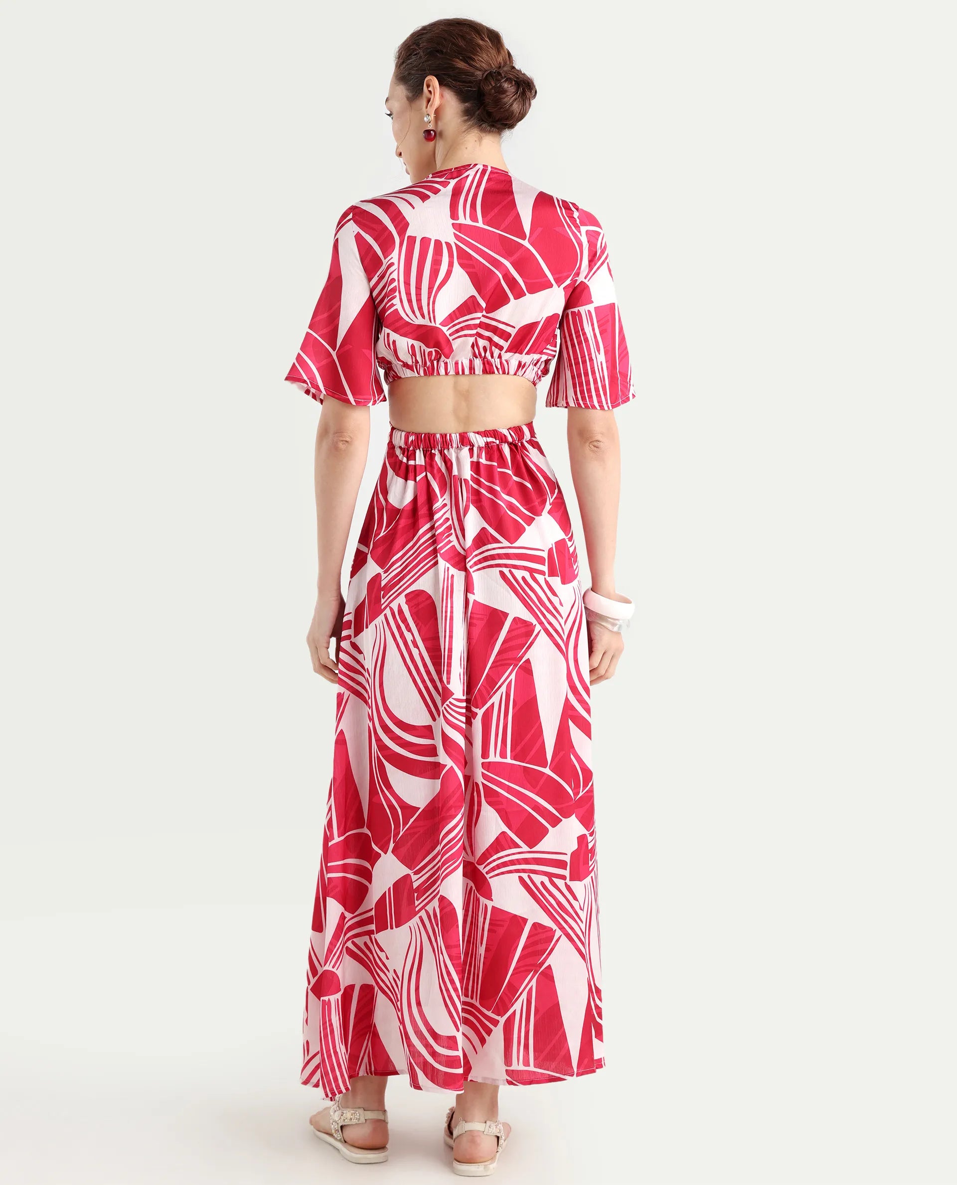 Rareism Women's Colima Red Polyester Overlap Neck Abstract Print Maxi Fit And Flare Dress