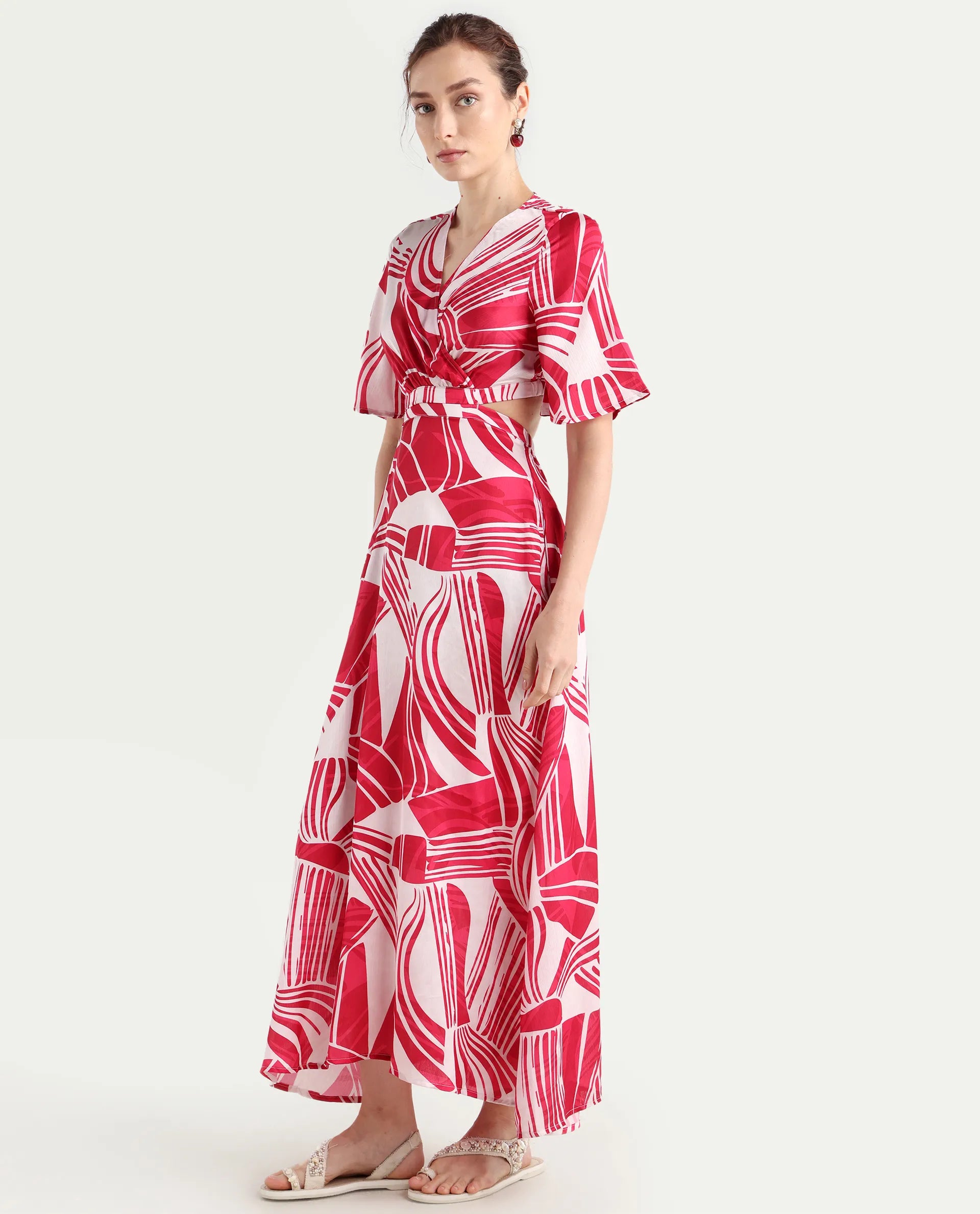 Rareism Women's Colima Red Polyester Overlap Neck Abstract Print Maxi Fit And Flare Dress