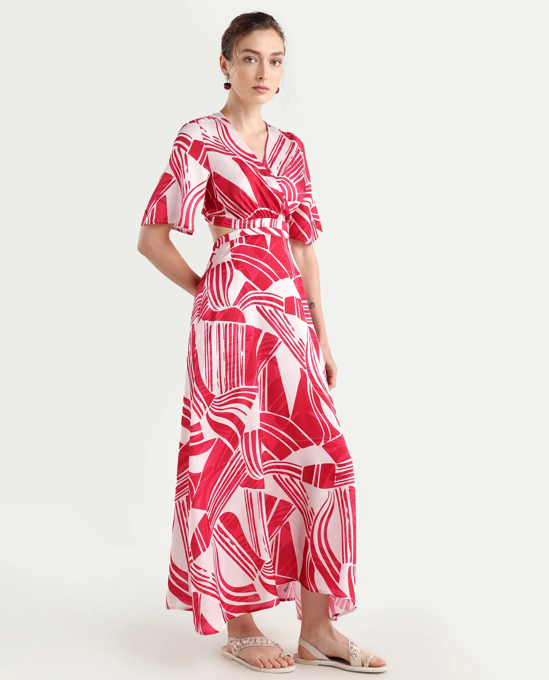 Rareism Women's Colima Red Polyester Overlap Neck Abstract Print Maxi Fit And Flare Dress