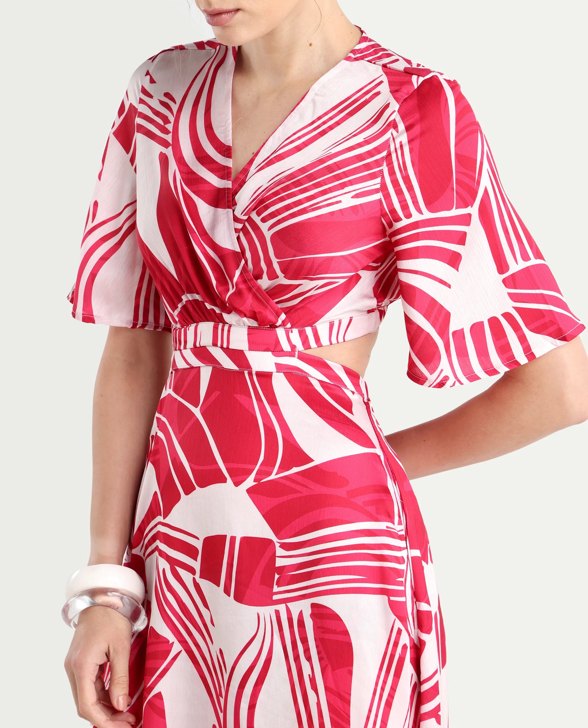 Rareism Women's Colima Red Polyester Overlap Neck Abstract Print Maxi Fit And Flare Dress