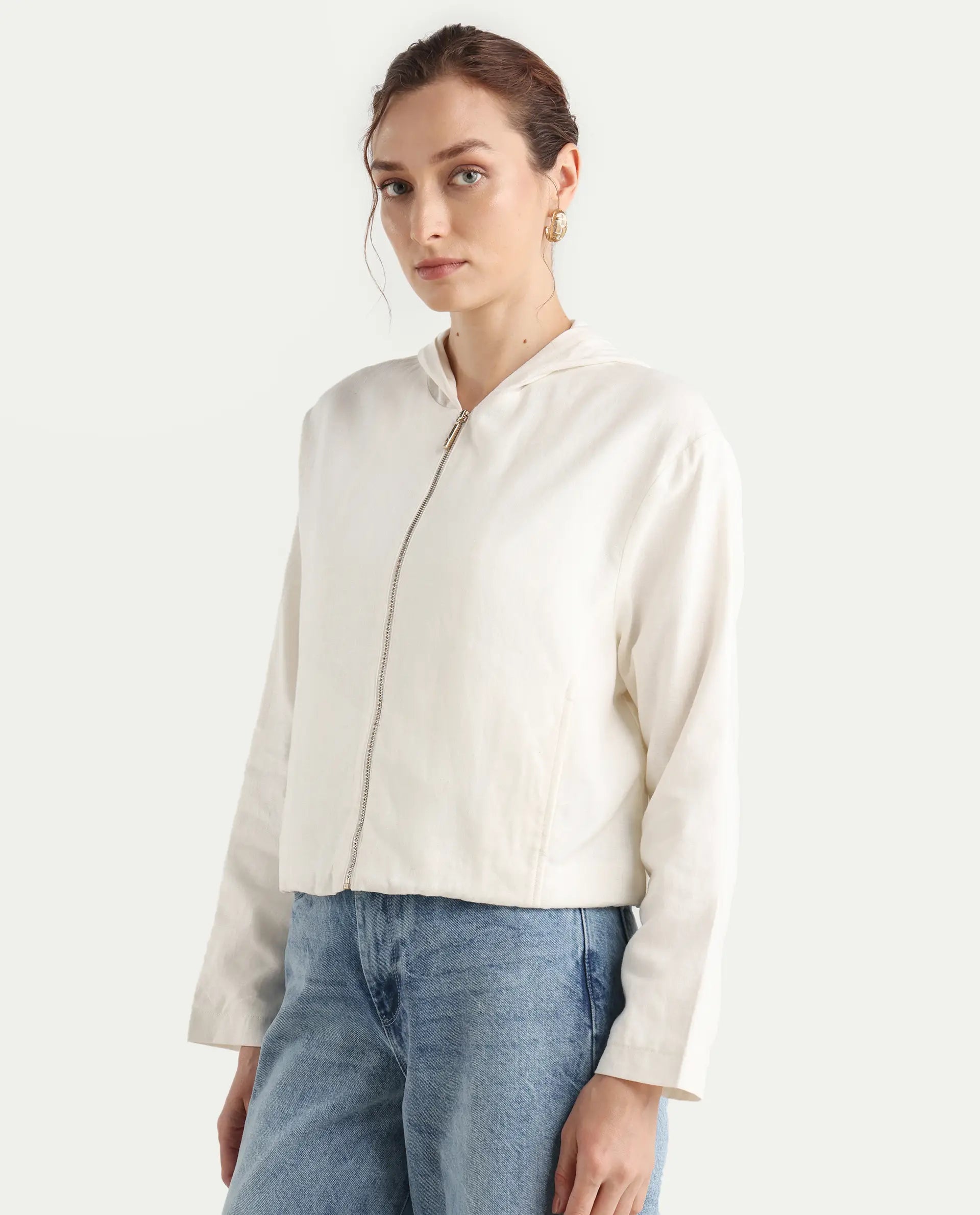 Rareism Women's Colin-T Off White Linen Blend Hooded Regular Fit Jacket