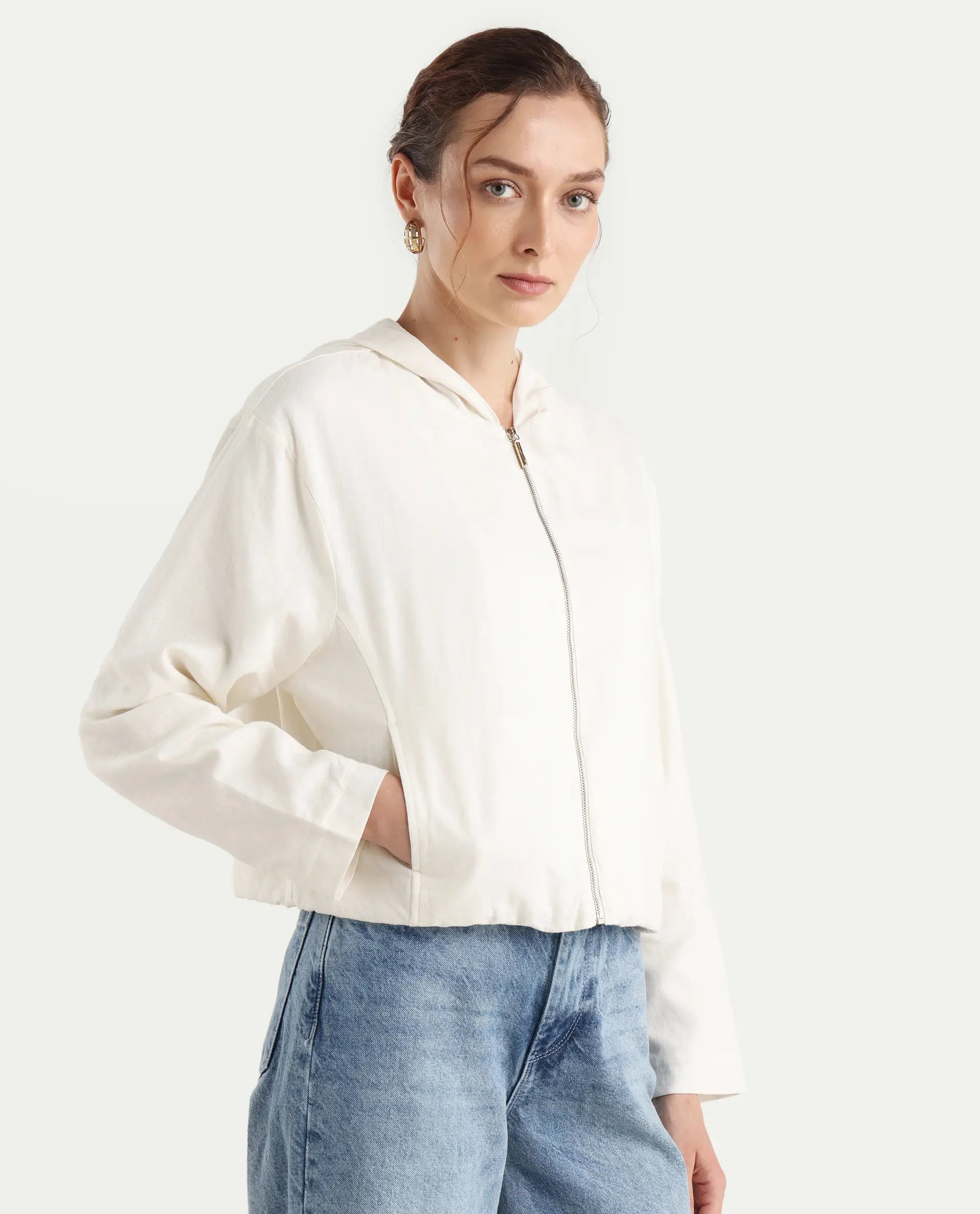 Rareism Women's Colin-T Off White Linen Blend Hooded Regular Fit Jacket