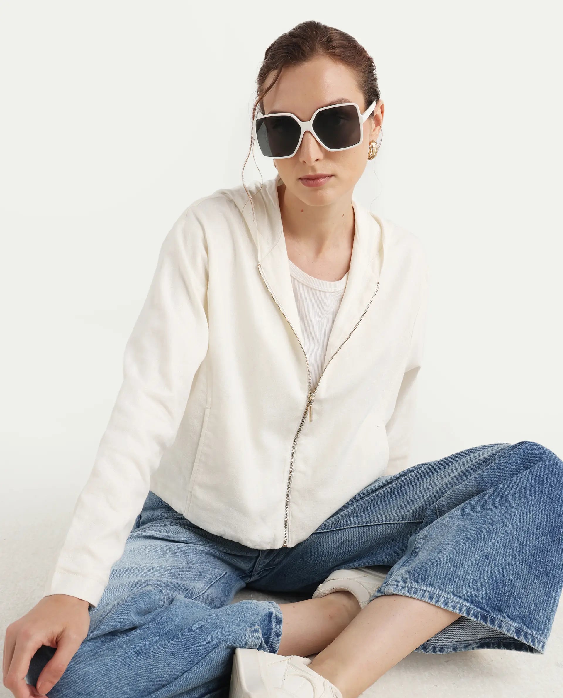 Rareism Women's Colin-T Off White Linen Blend Hooded Regular Fit Jacket