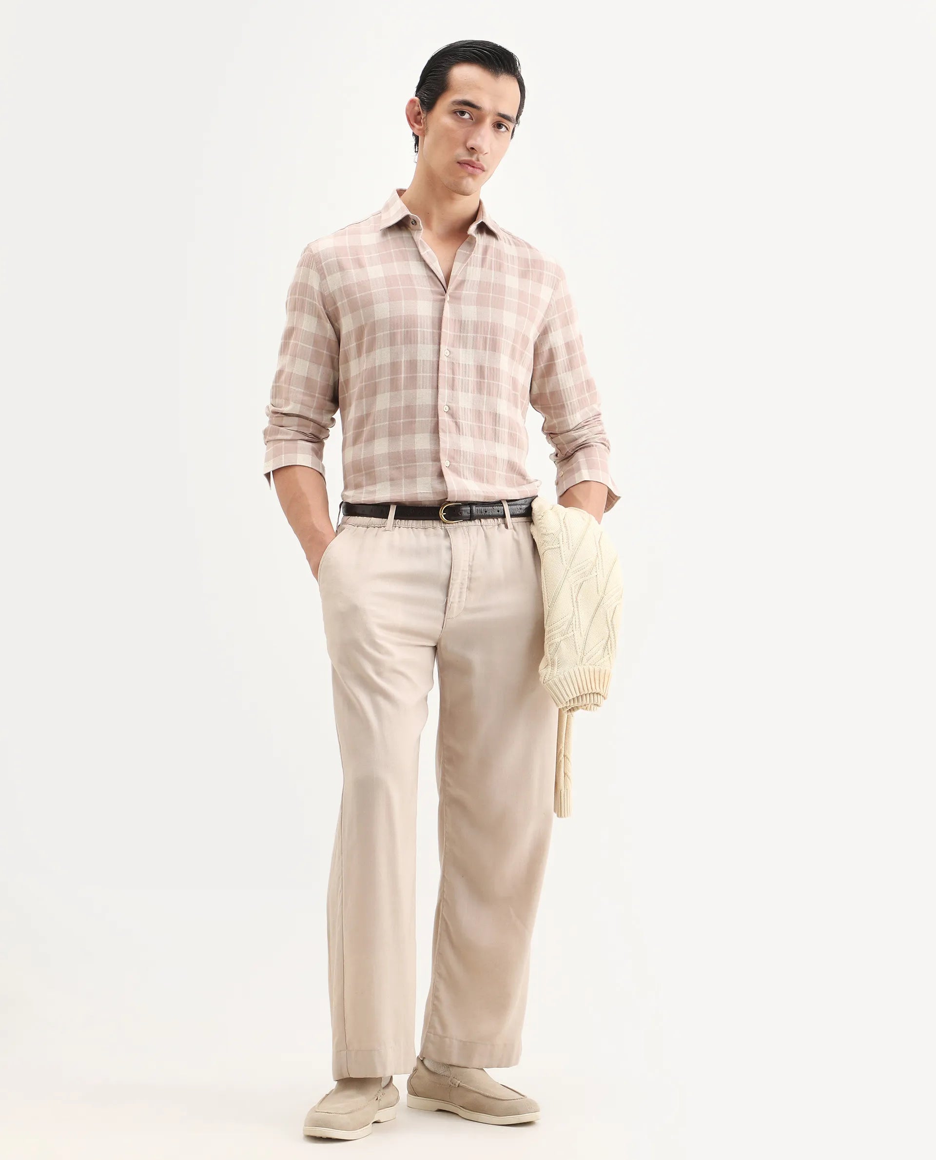 Rare Rabbit Men's Colint Dusky Pink Linen Blend Fabric Full Sleeve Spread Collar Regular Fit Checked Shirt