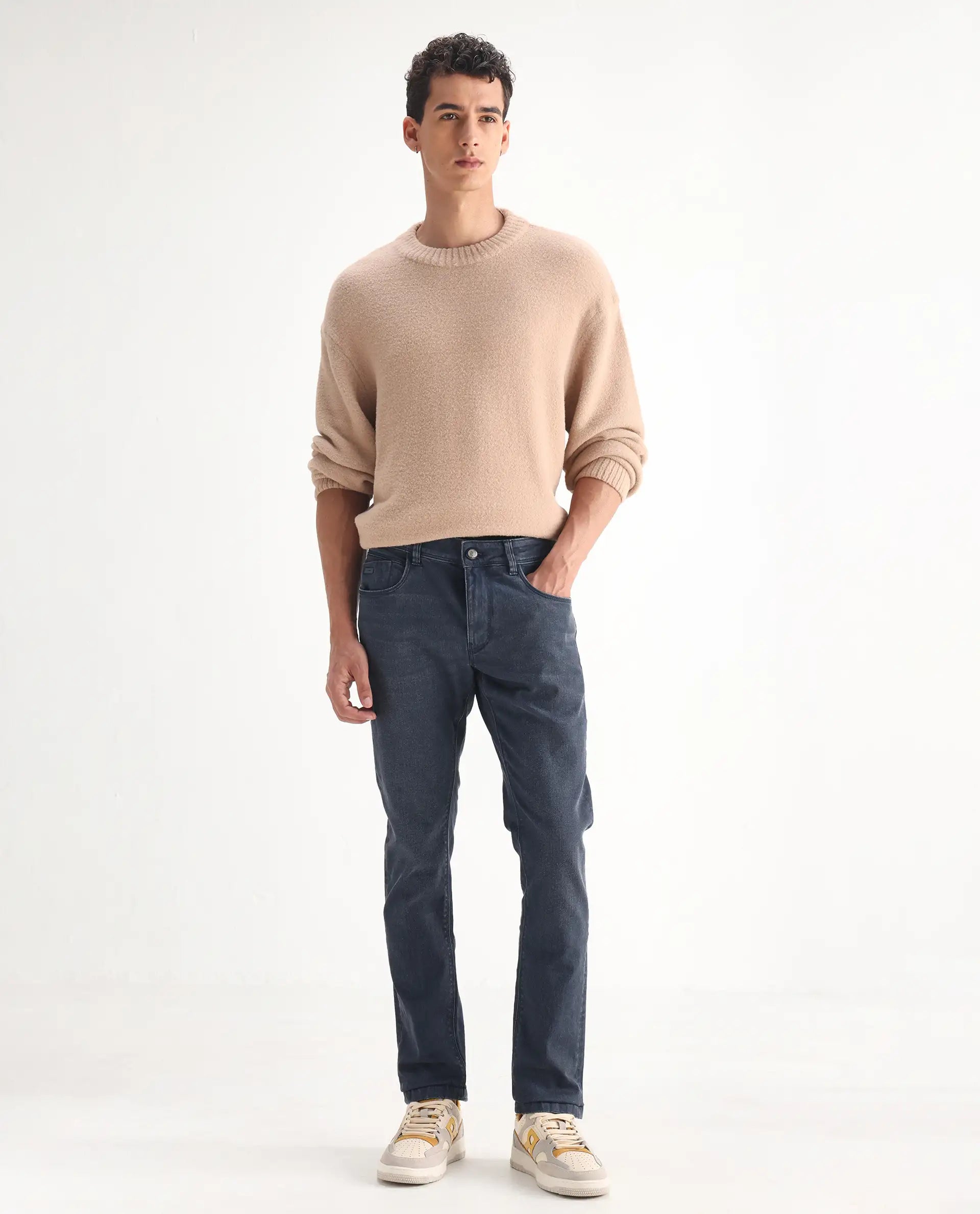 Rare Rabbit Men's Colmer Dusky Blue Cotton Plain Hawk Slim Fit Jeans