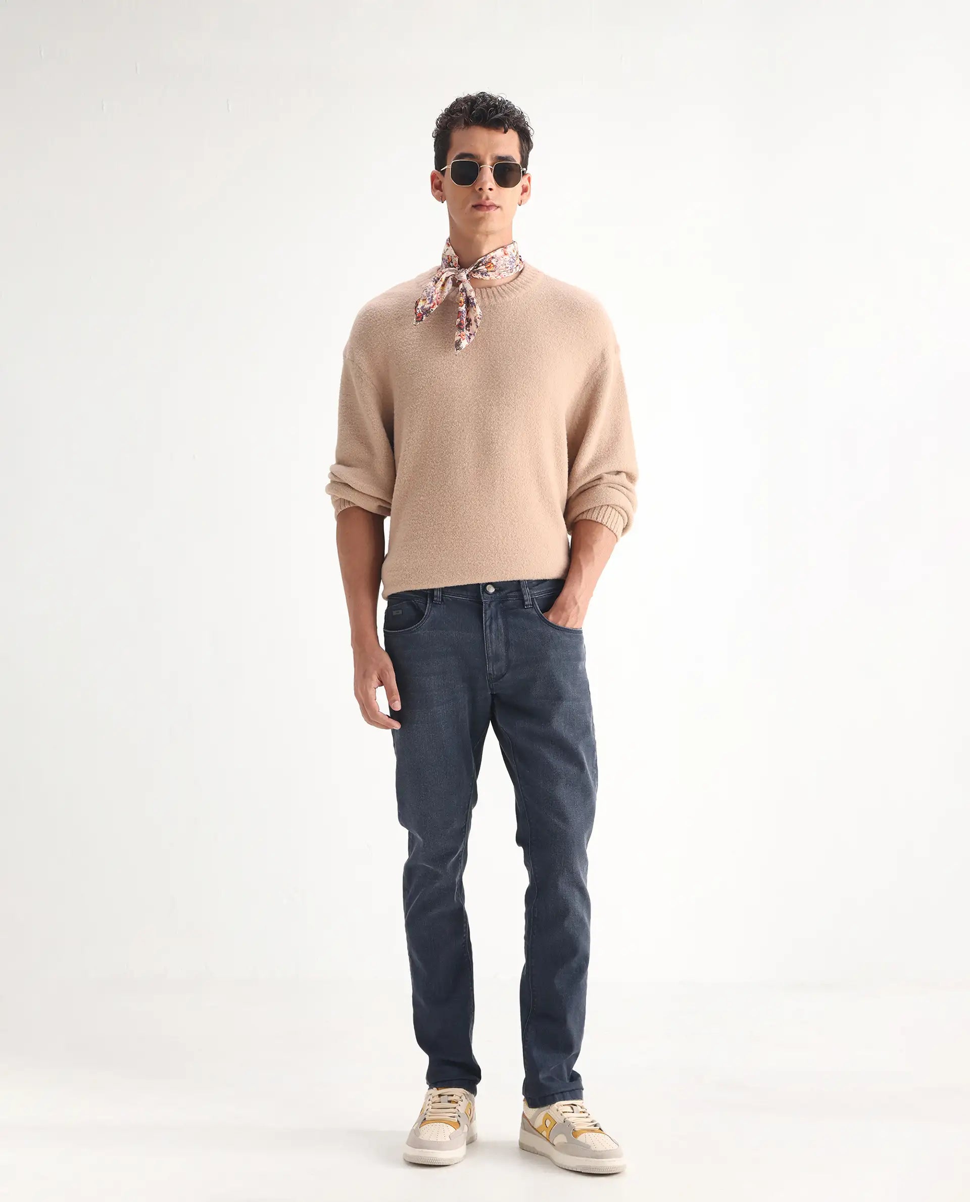 Rare Rabbit Men's Colmer Dusky Blue Cotton Plain Hawk Slim Fit Jeans