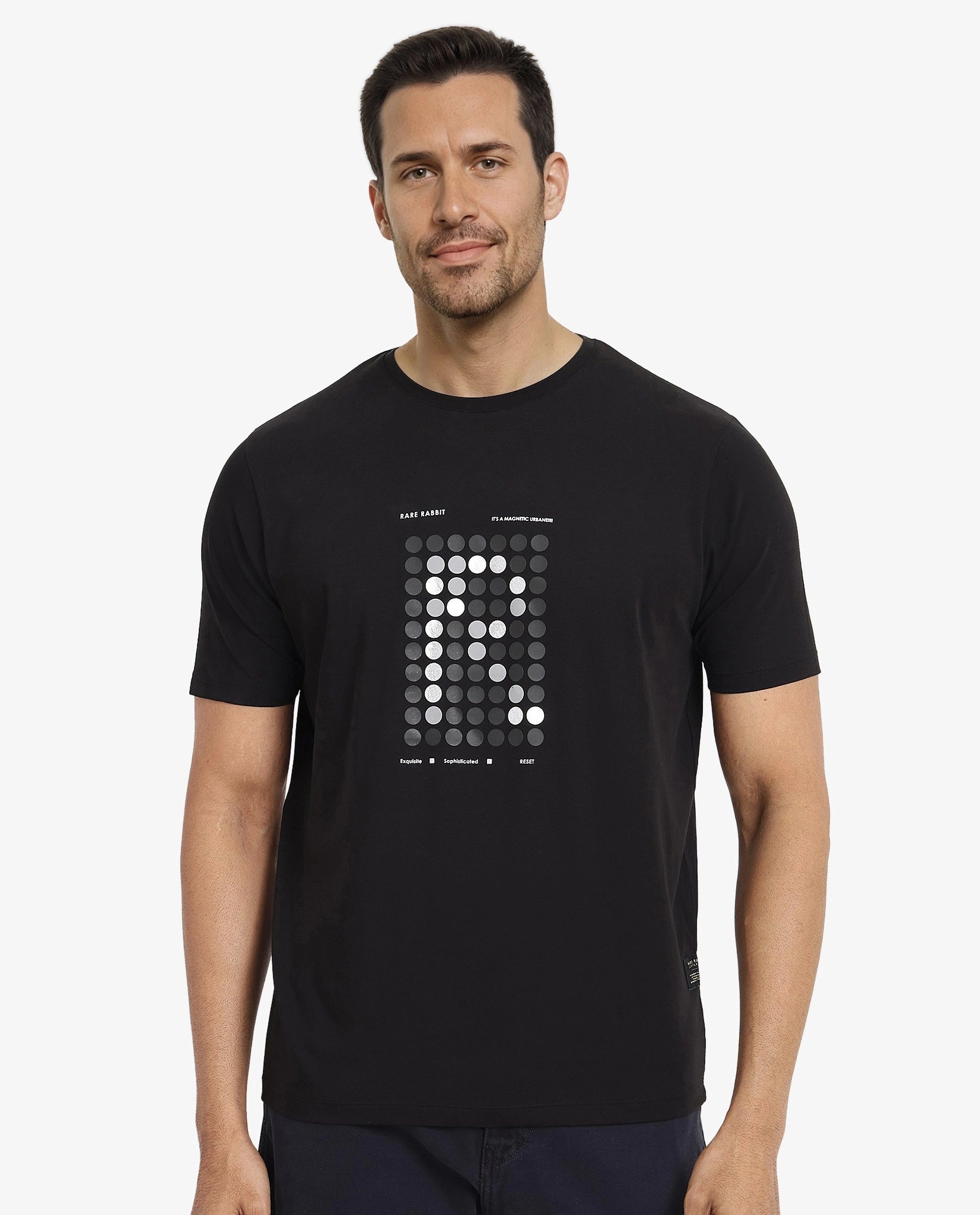 Rare Rabbit Men Colos Black Cotton Lycra Fabric Short Sleeve Crew Neck Regular Fit Graphic Print T-Shirt